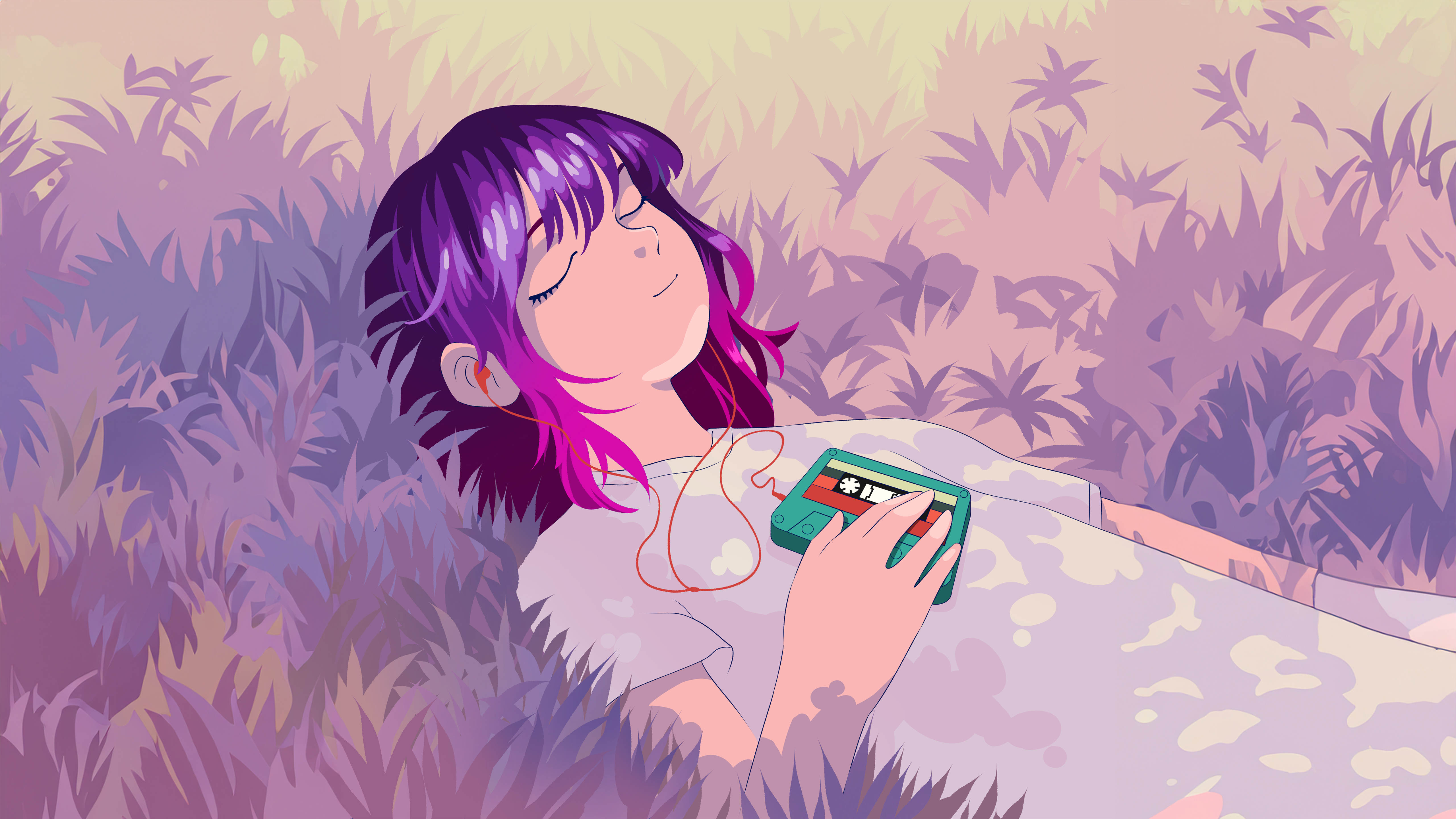 Lofi Girl, Musik hören, 5K, Liegend, Lila Ästhetik