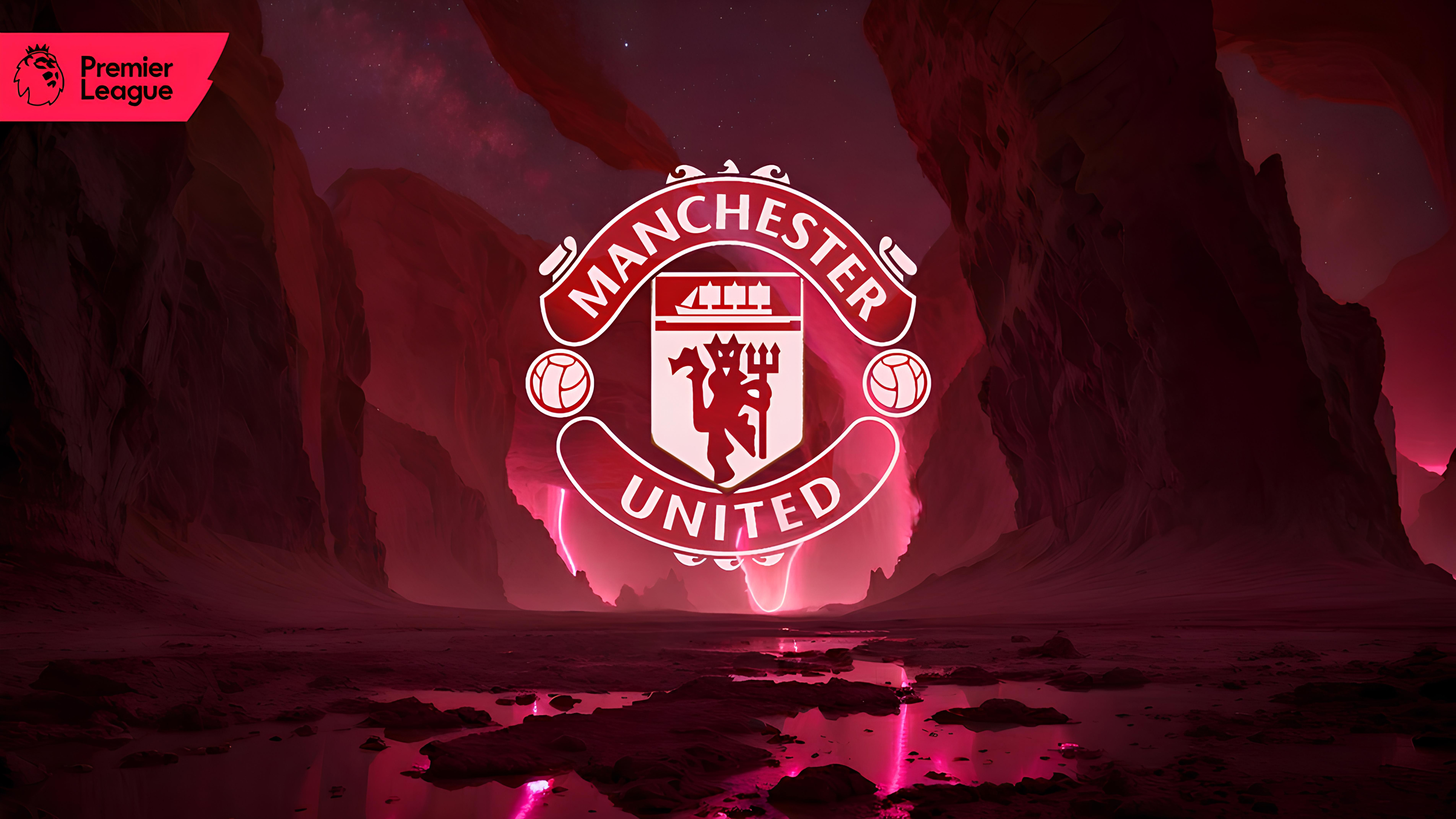 Manchester United, Neon-Logo, Premier-League-Verein, Fußballverein, 5K, 8K, Rote Ästhetik
