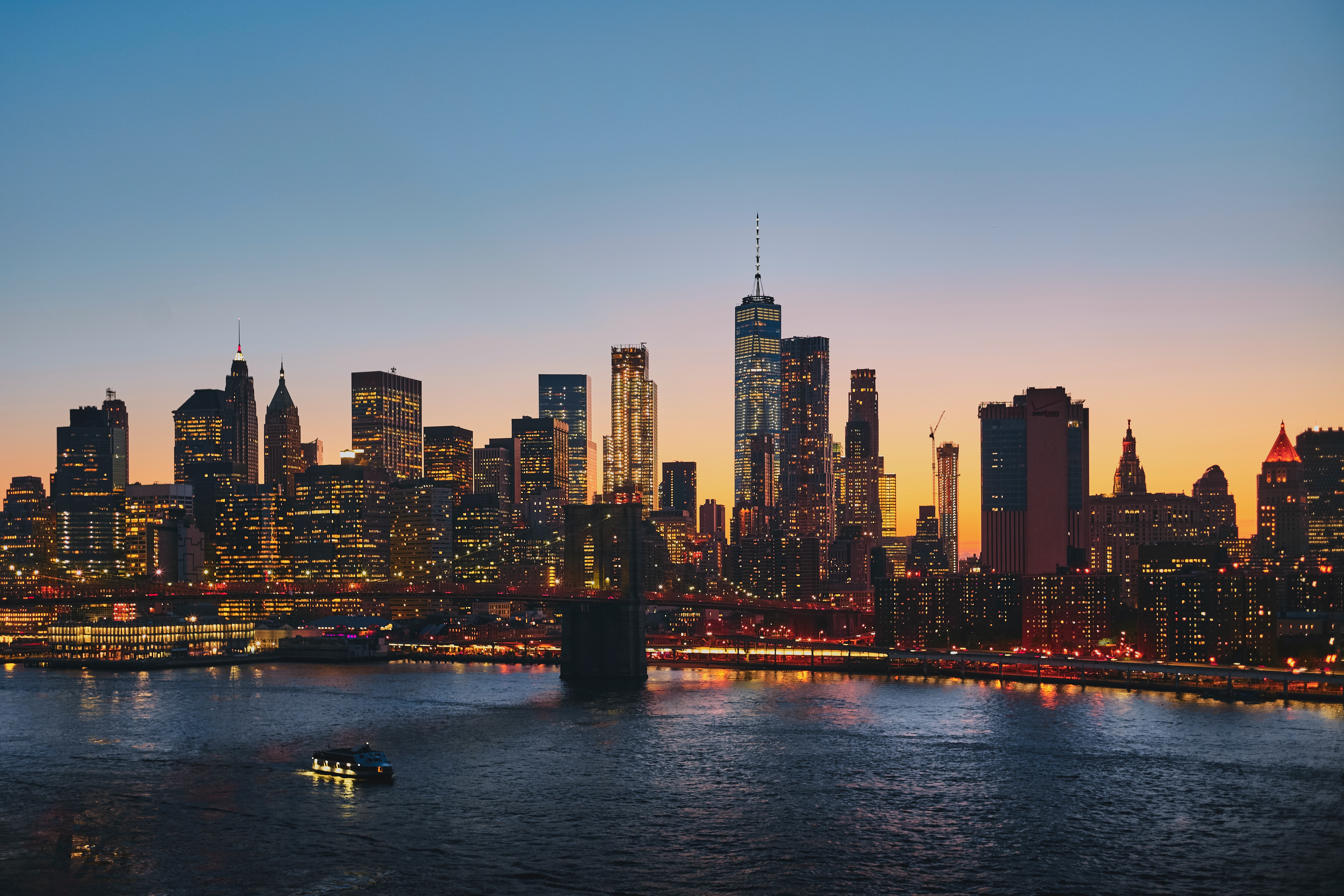 Manhattan, 5K, New York City, Manhattan Bridge, Stadtansicht, Sonnenuntergang, Urban, Abend, Stadtlichter