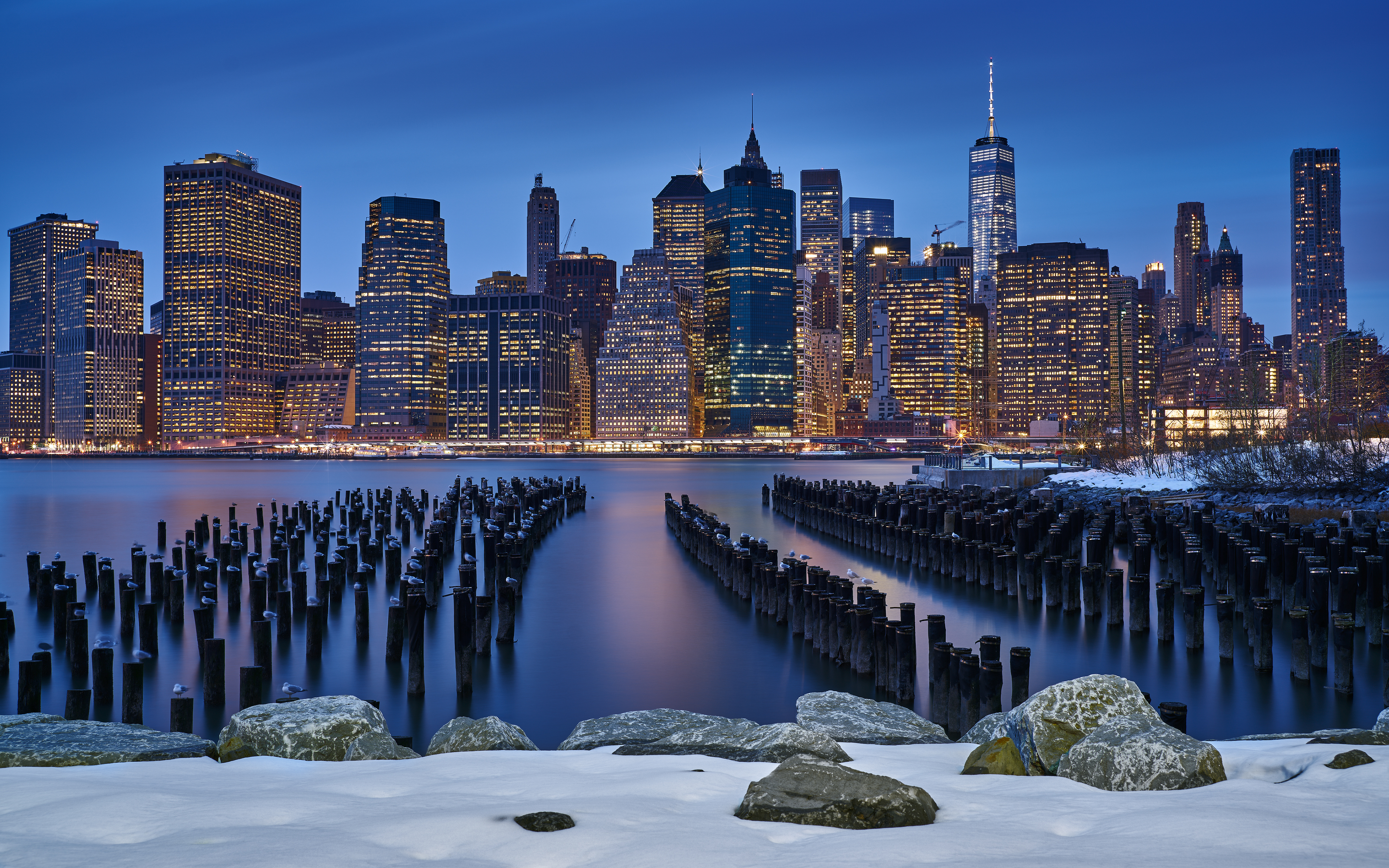 Manhattan, New York City, Stadtlichter, Stadtansicht, Schneesturm, Nacht, Winter