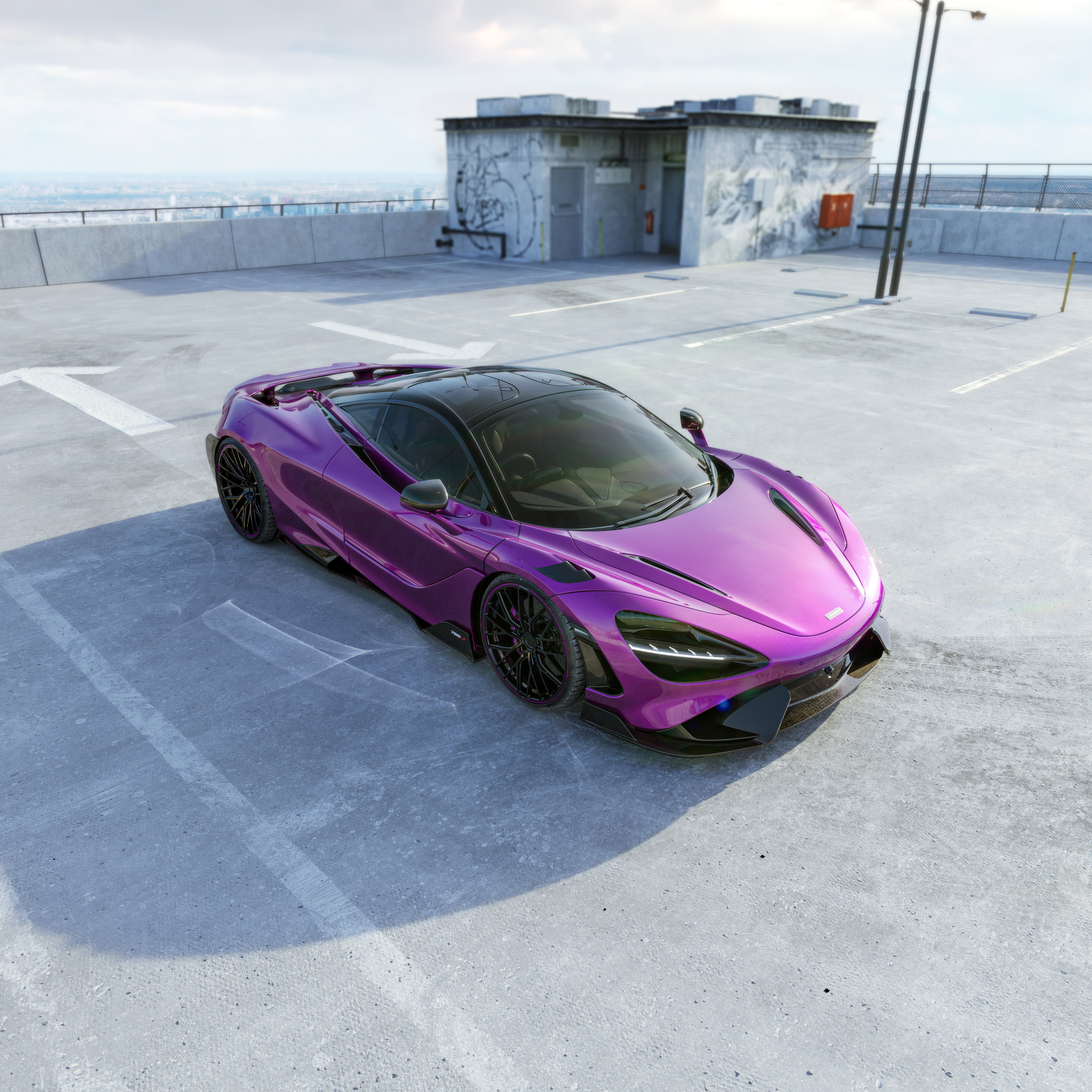 McLaren 765LT, violette Ästhetik, CGI, 5K