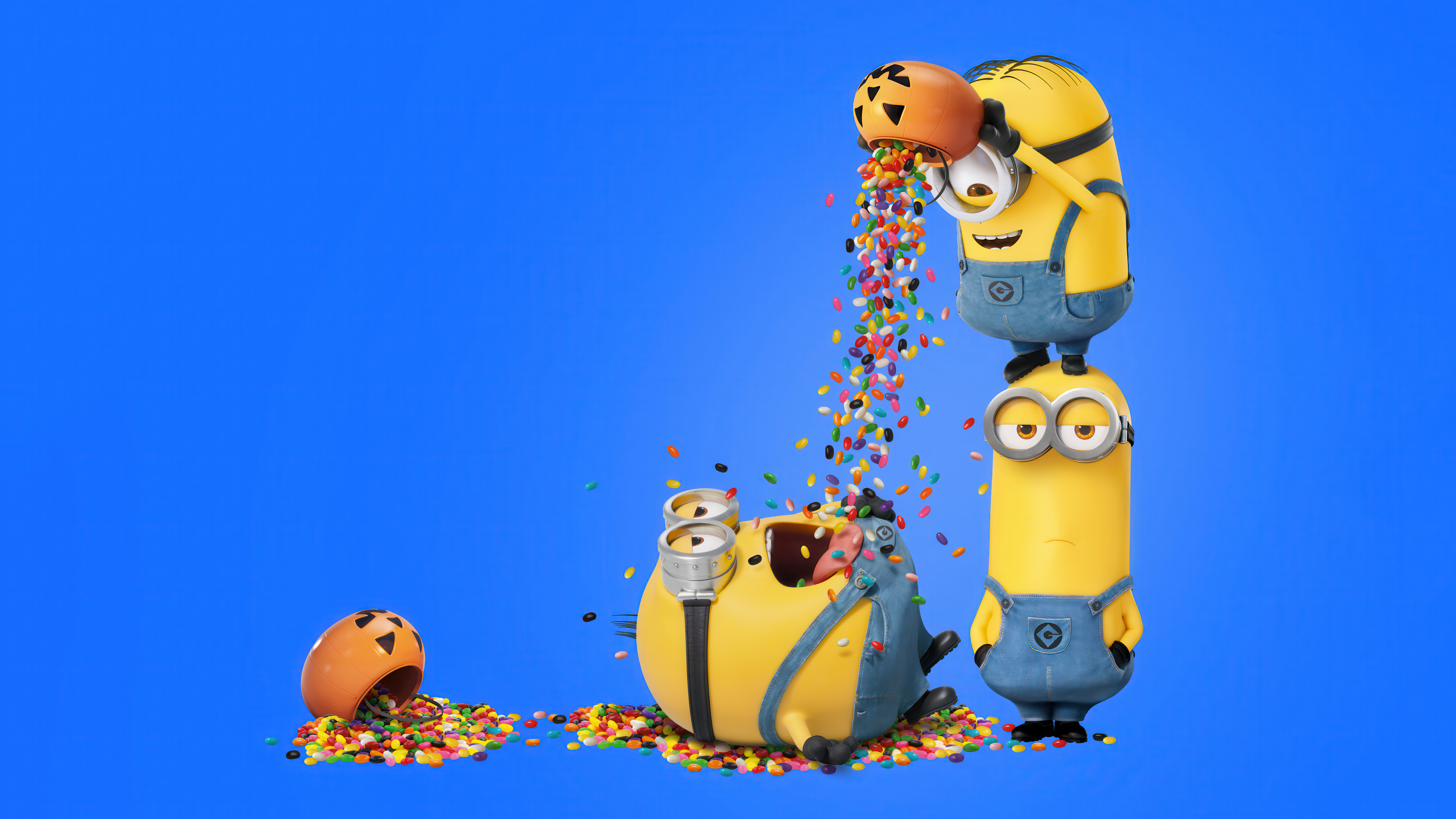 Minions, Halloween-Party, Lustig, Blauer Hintergrund, 5K, 8K, Bonbons