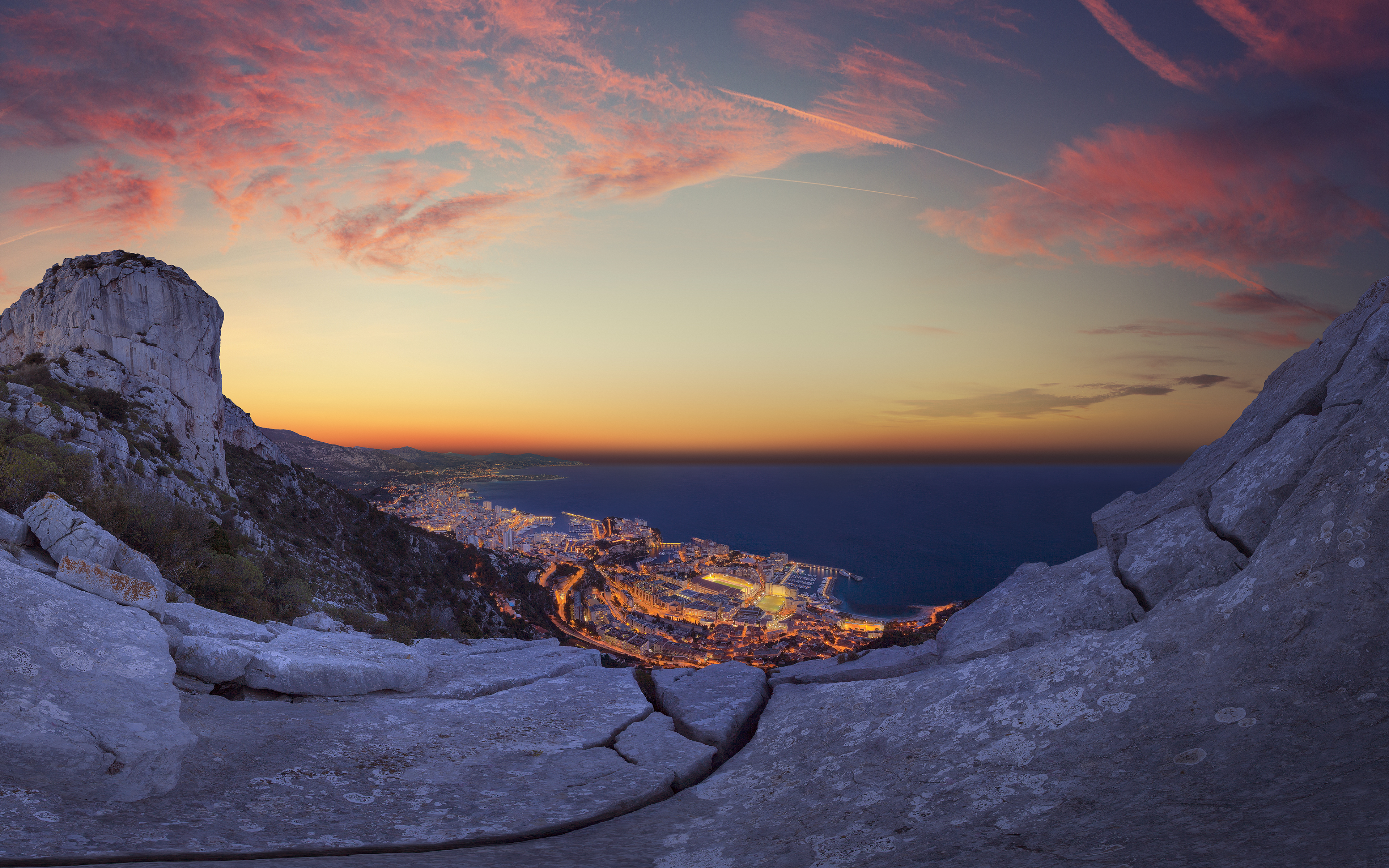 Monaco, Sonnenaufgang, Horizont, Felsen, Klarer Himmel, Wolken, Dämmerung, Stadtbild, Stadtlichter, Langzeitbelichtung, Klippen, Landschaft