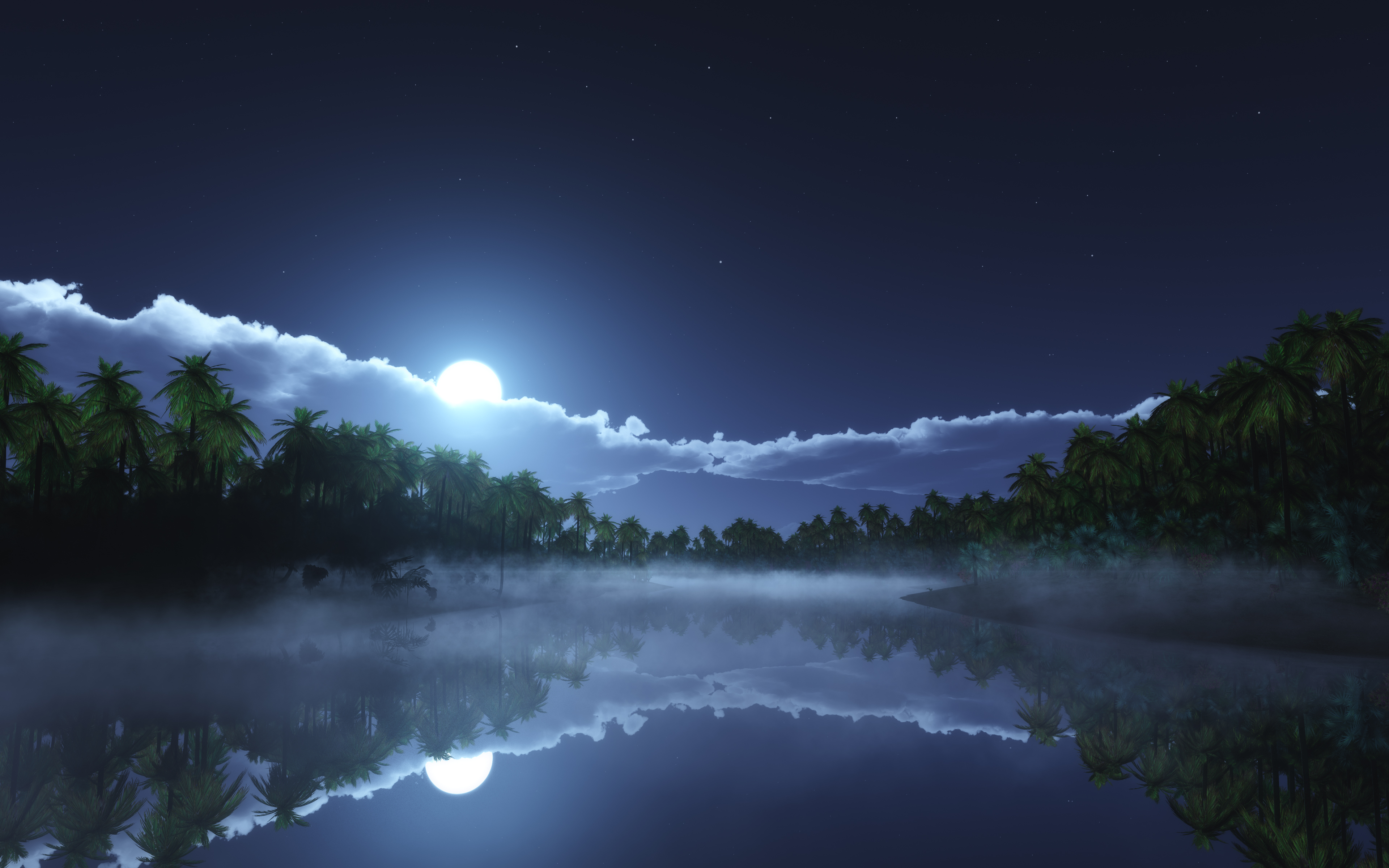 Mondlicht, Nachtzeit, Palmen, Gewässer, Spiegelung, Sterne, Wolken