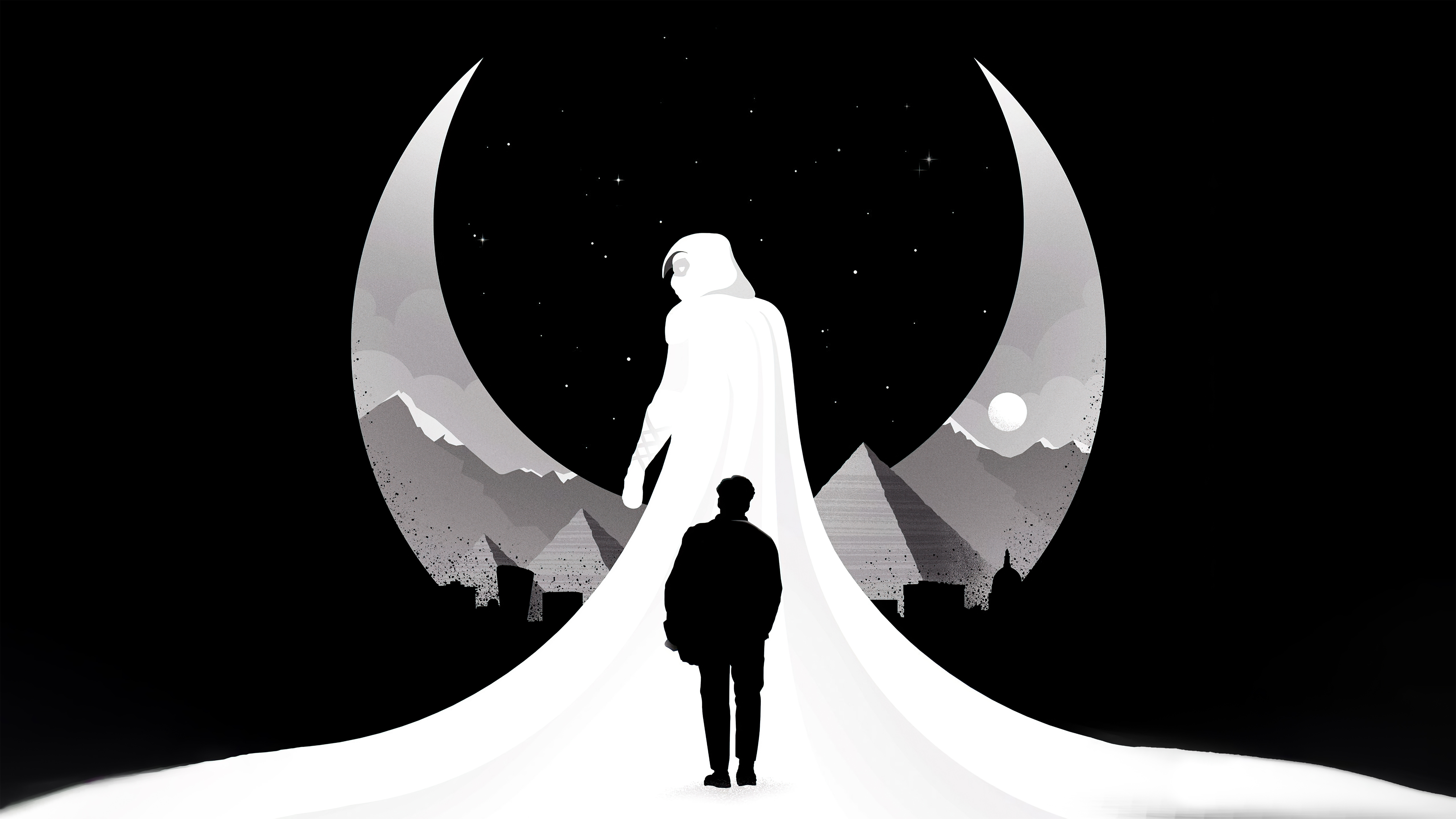 Moon Knight, AMOLED, Marvel Comics, Marvel-Superhelden, Silhouette, Schwarzer Hintergrund, Monochrom, 5K, Schwarz-Weiß