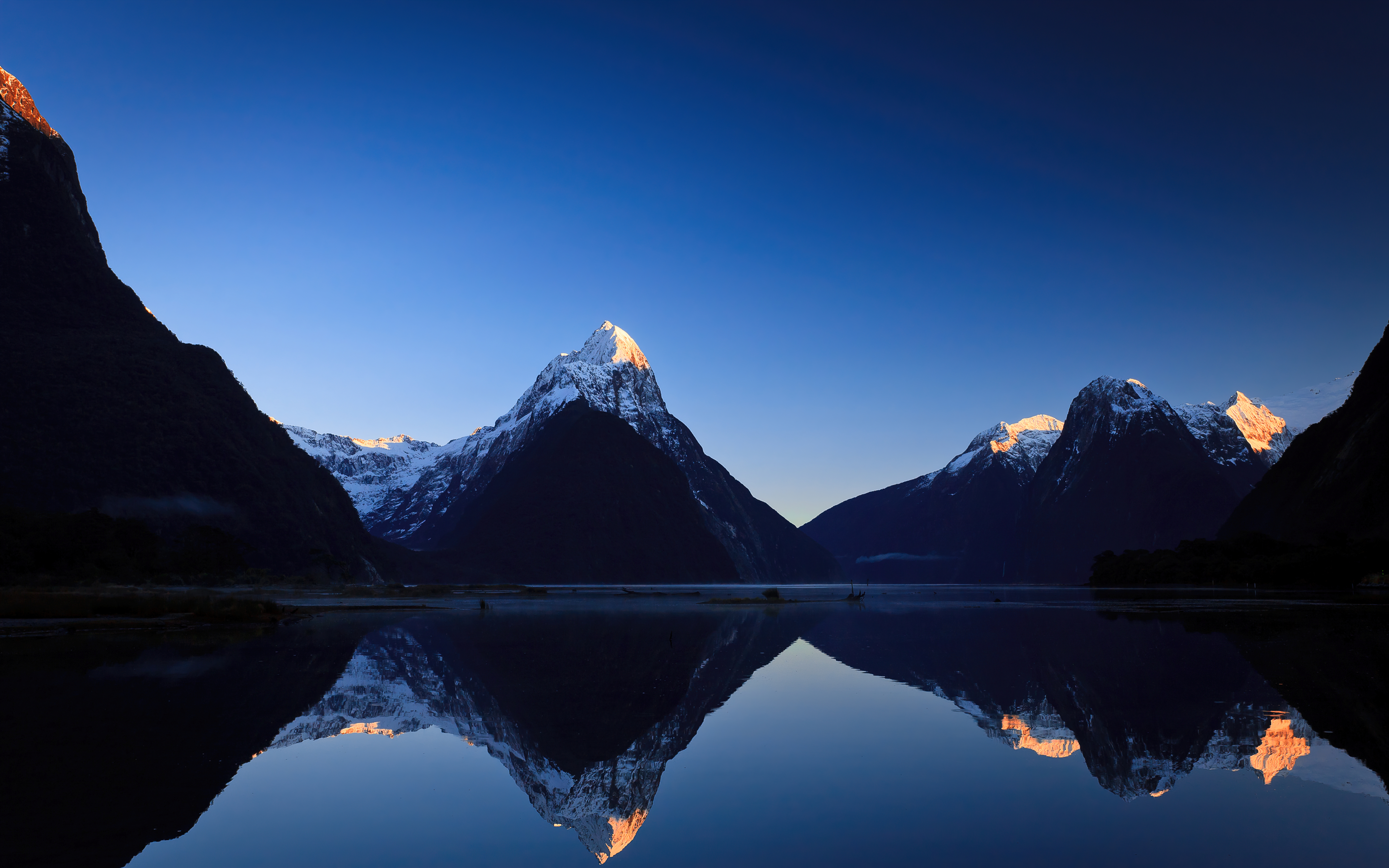 Morgen, Sonnenaufgang, Blauer Himmel, Berge, Spiegelungen, Milford Sound, Neuseeland, Gewässer, See