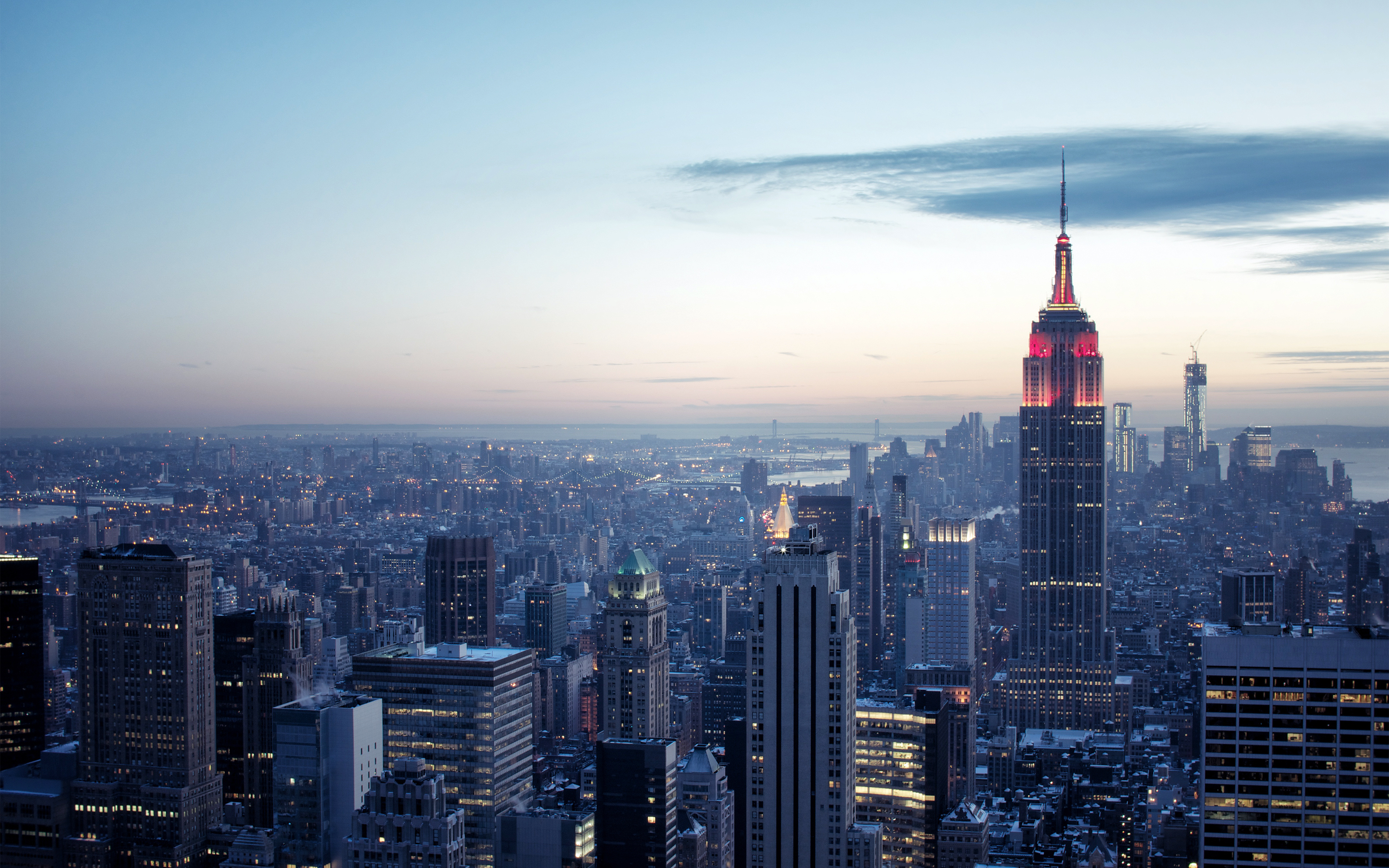 New York City, Sonnenuntergang, Stadtbild, Stadt-Skyline, Abenddämmerung, Wolkenkratzer, Luftaufnahme, Stadtlichter