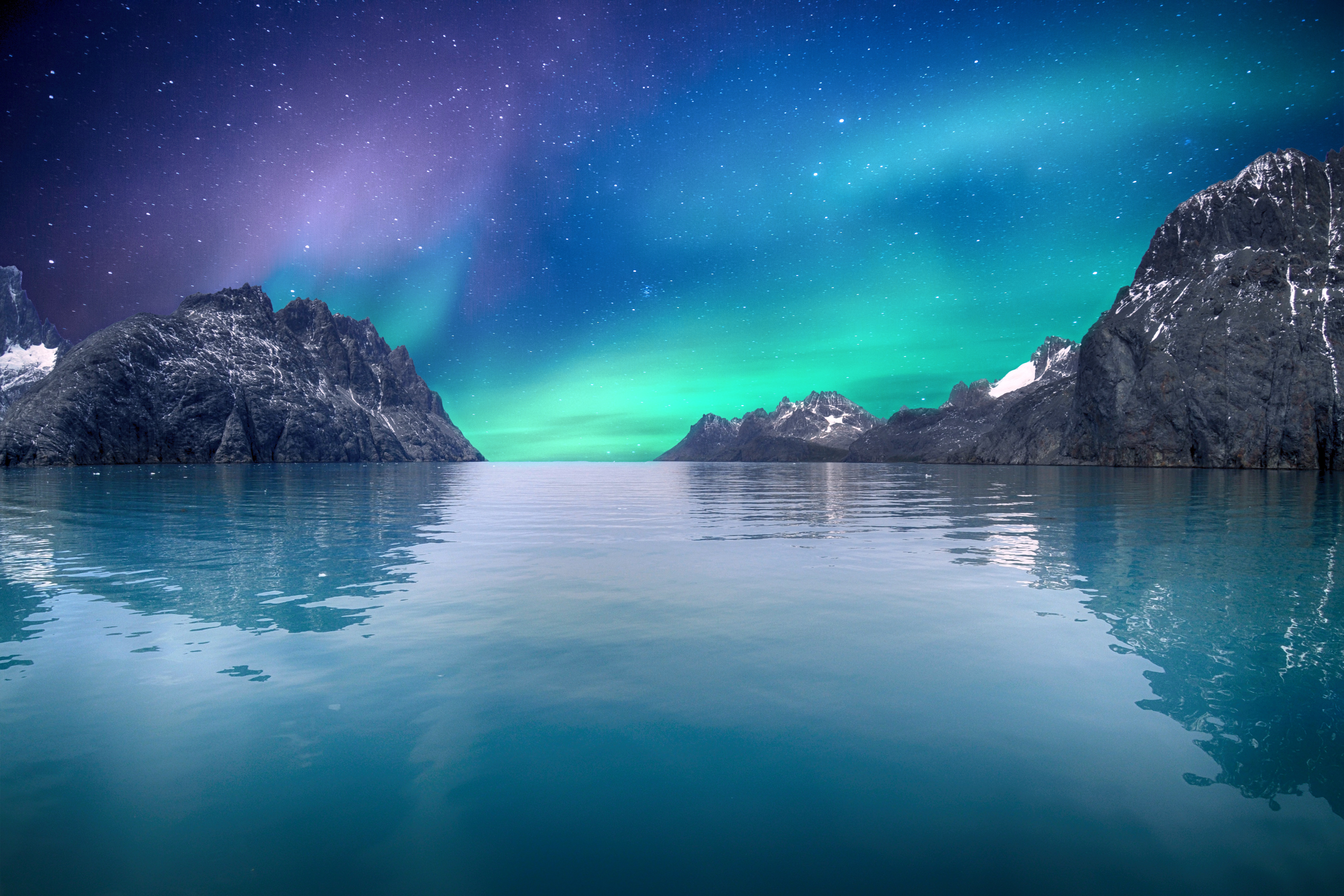 Nordlichter, Meer, Blauer Himmel, Sterne, Spiegelung, Berge, Gletscher, Aurora Borealis, 5K, 8K