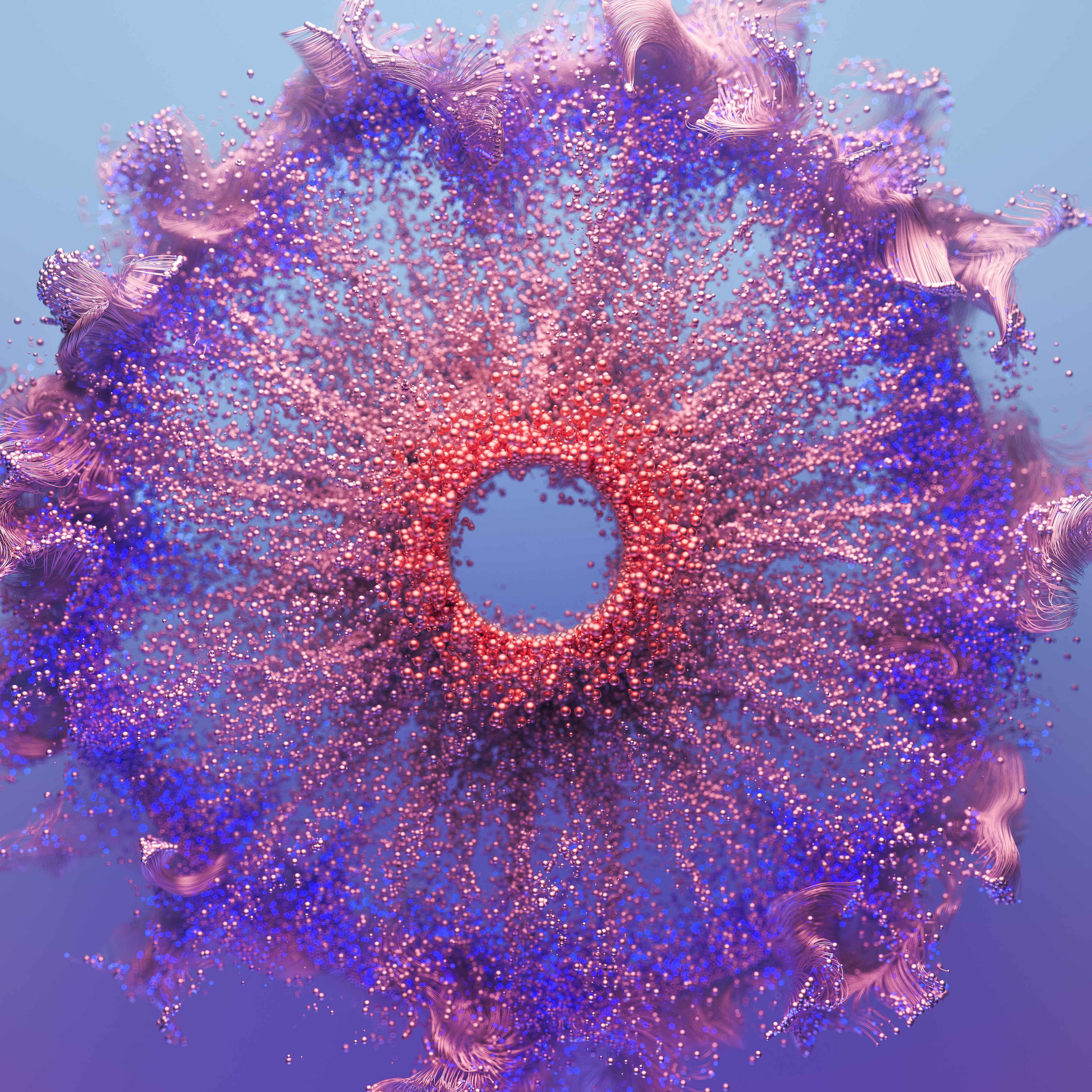 Partikel, Kugeln, 3D-Hintergrund, digitale Kunst, violetter Hintergrund