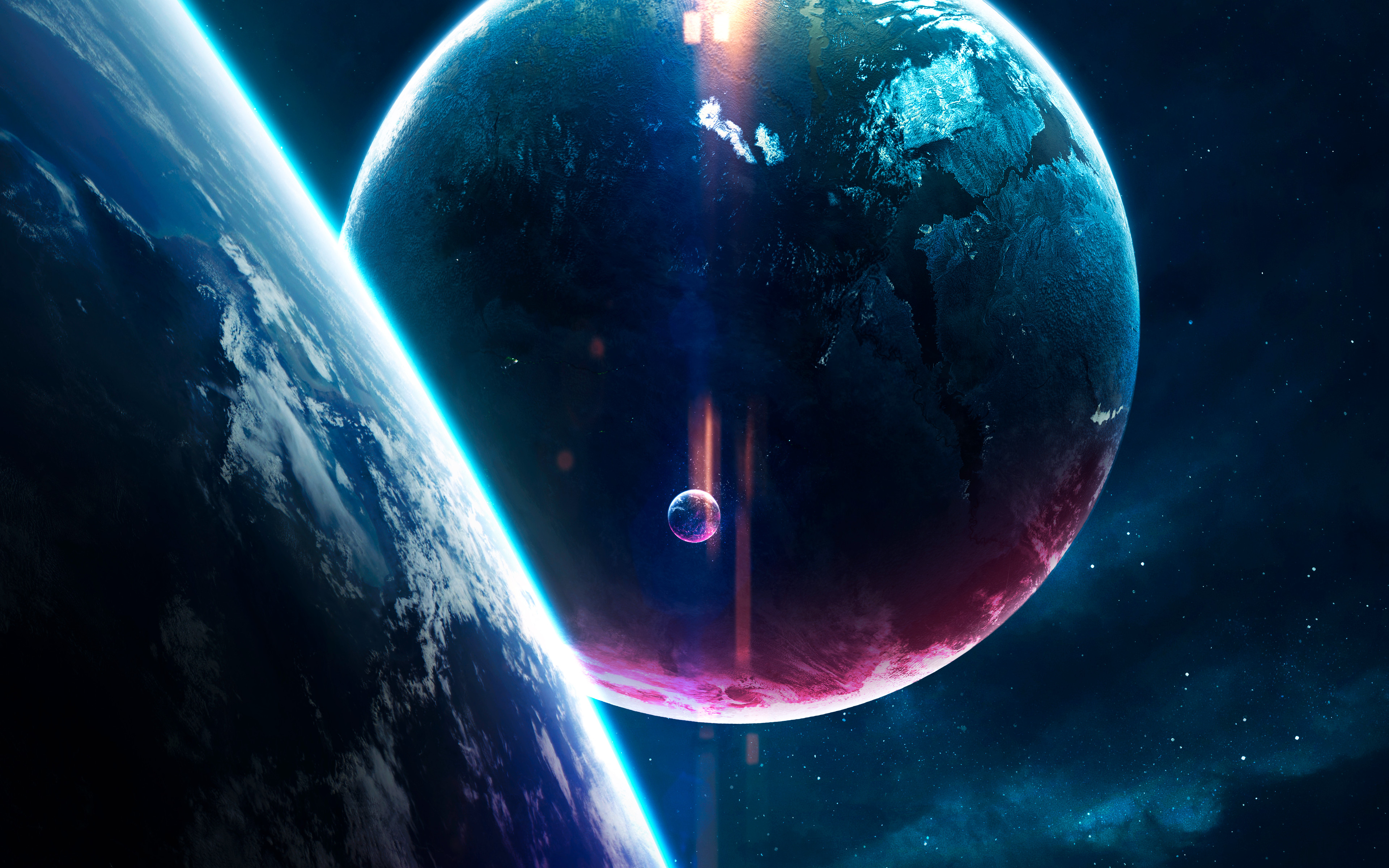Planeten, Digitale Kunst, Erde, Lila, Blau, Sterne, Horizont