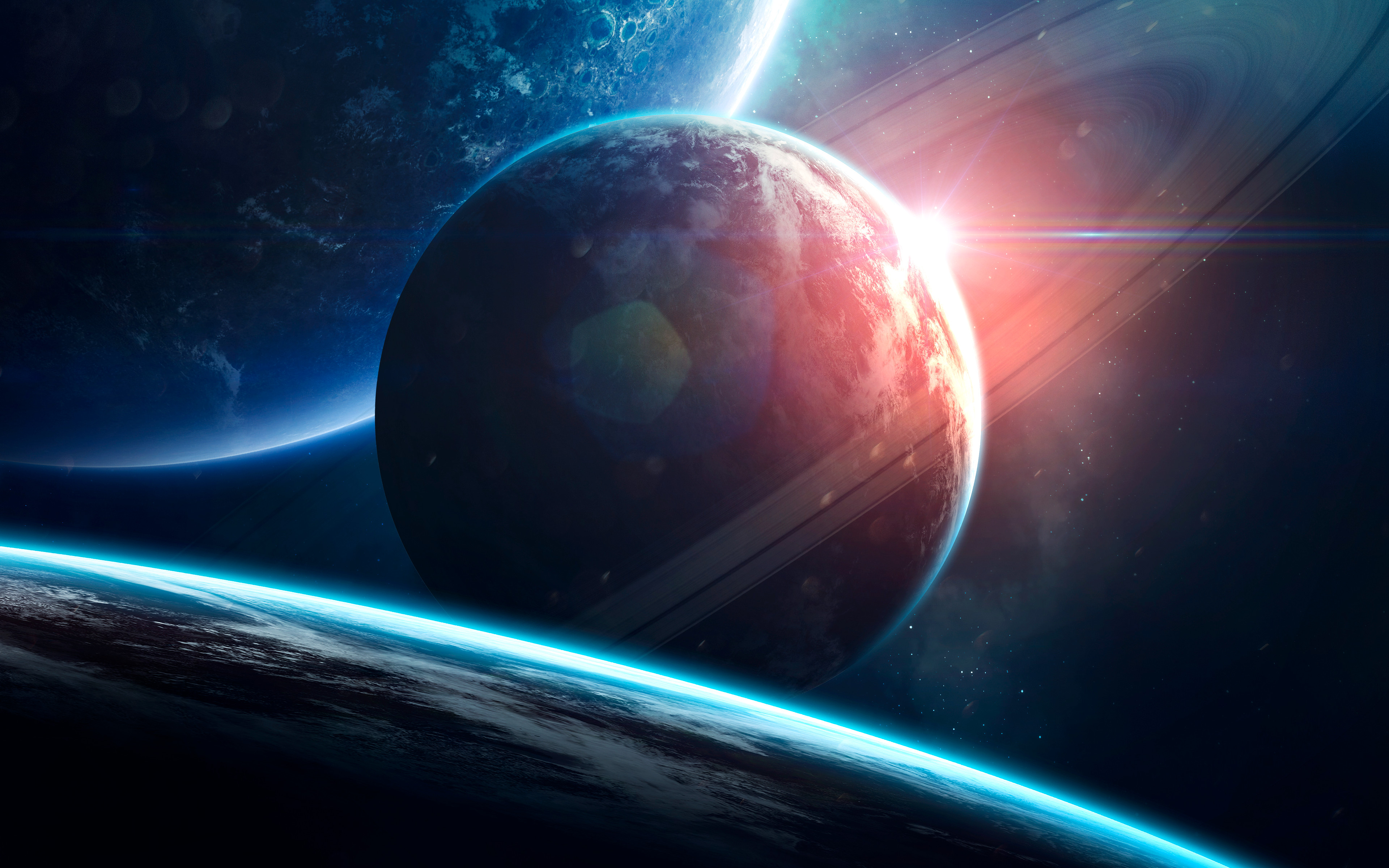 Planeten, Orbitalring, Sonne, Sterne, Galaxie, blaue Planeten, Horizont