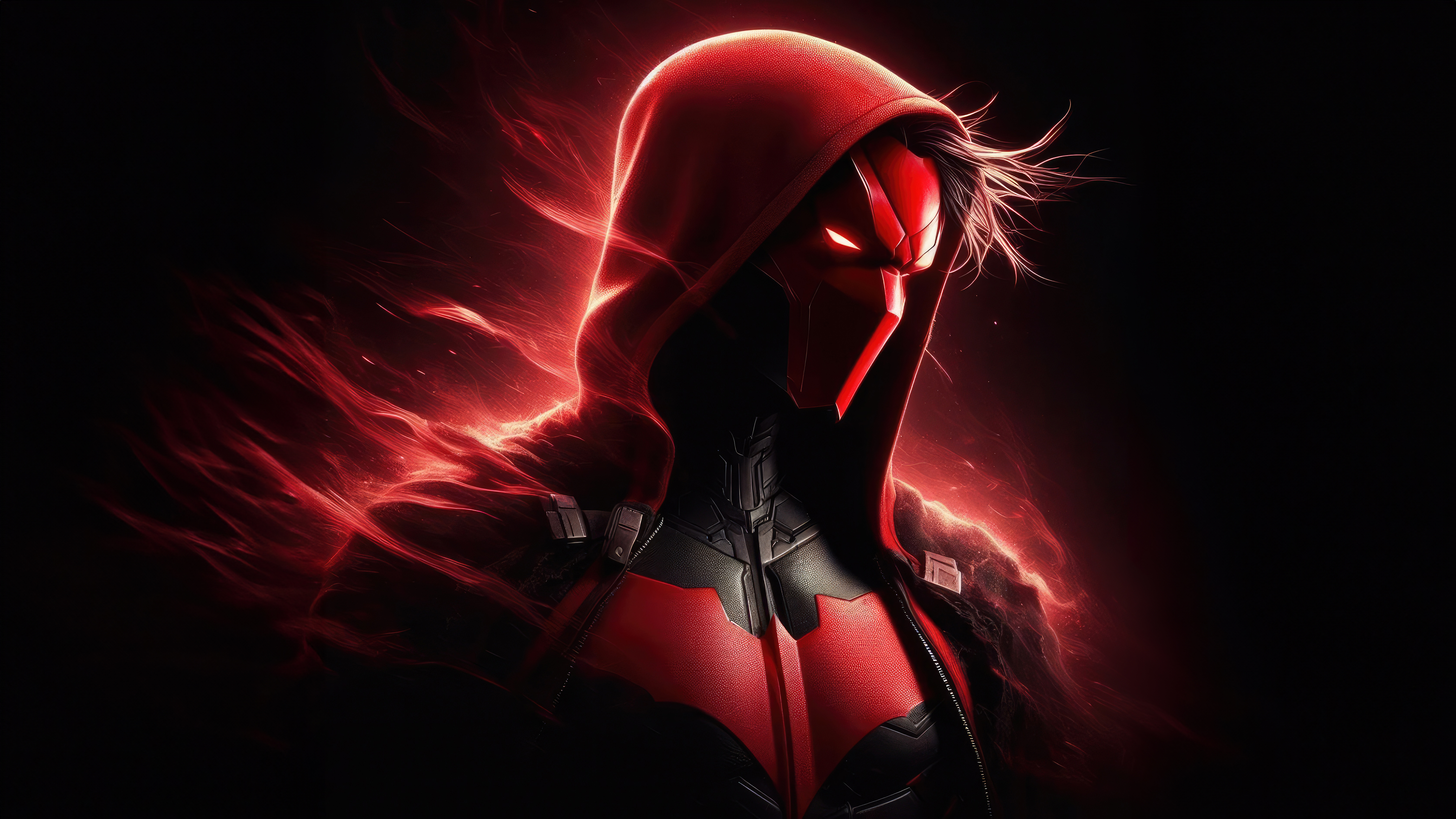Red Hood, KI-Kunst, DC Comics, DC-Superhelden, 5K, schwarzer Hintergrund, dunkelrot