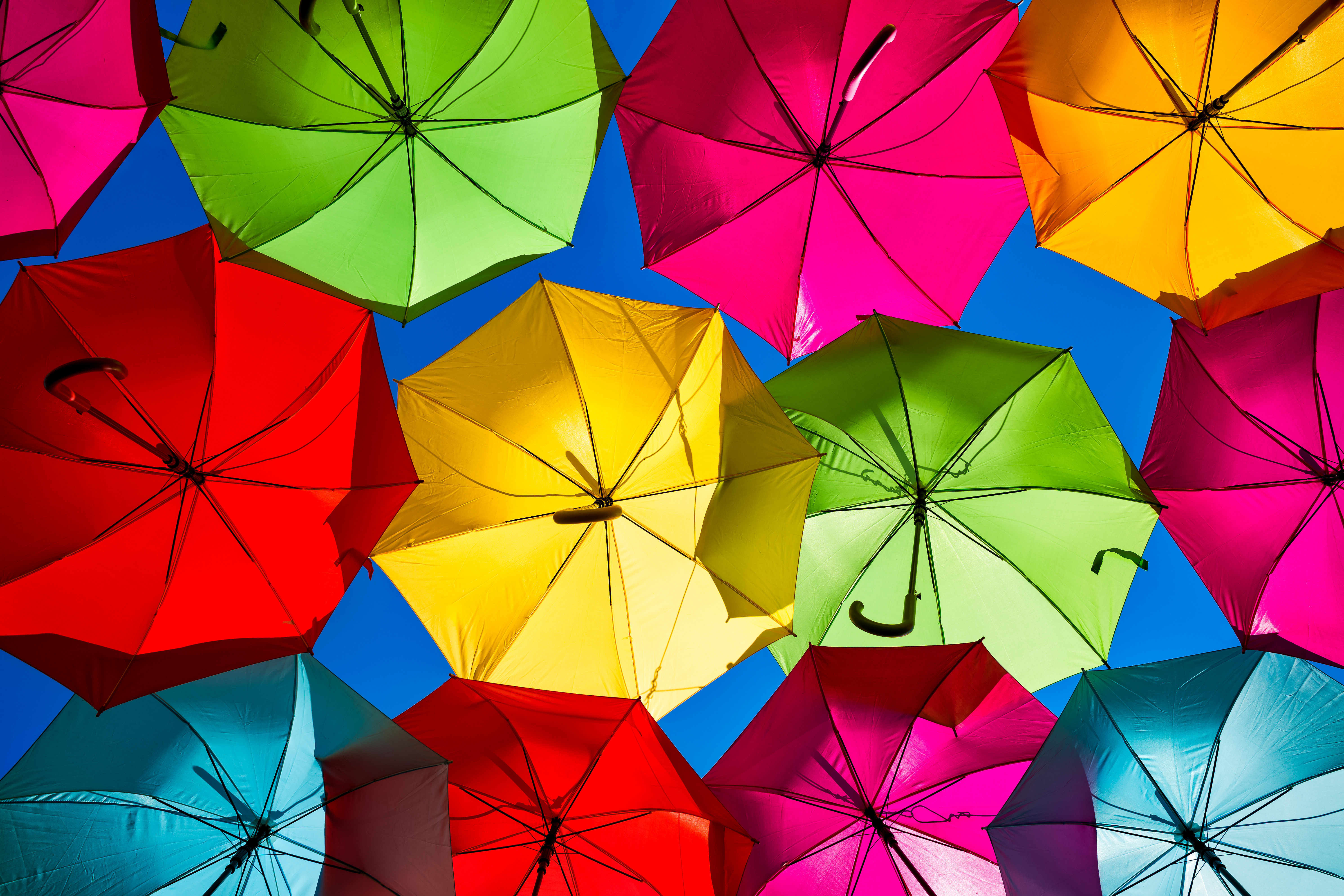 Regenschirme, Straßenfest, Farbenfroh, Blick in den Himmel, Regenbogenfarben, 5K