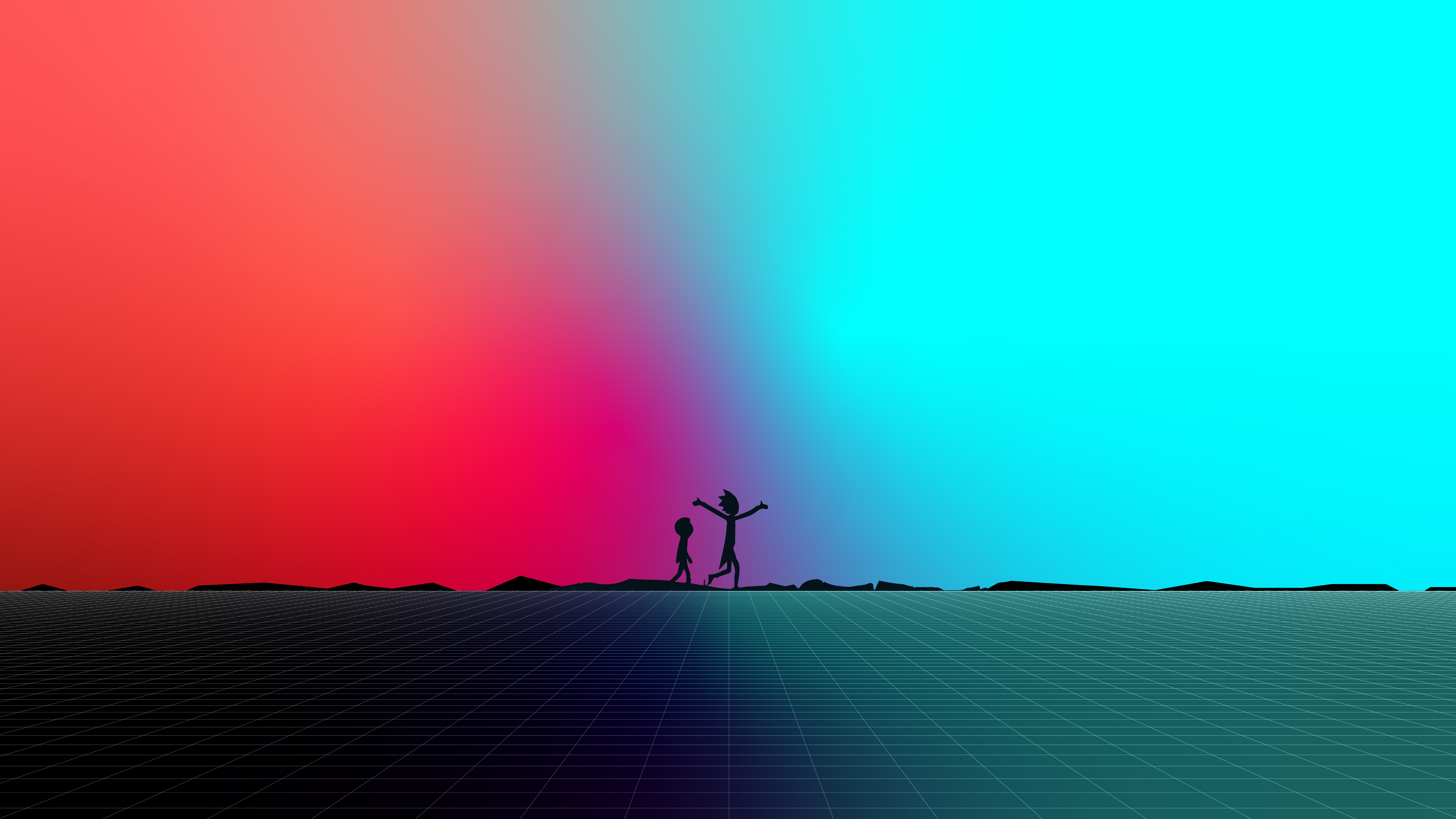 Rick and Morty, Minimalistisch, Rick Sanchez, Morty Smith, 8K, 5K, Verlaufshintergrund, Silhouette, Bunter Hintergrund, Einfach
