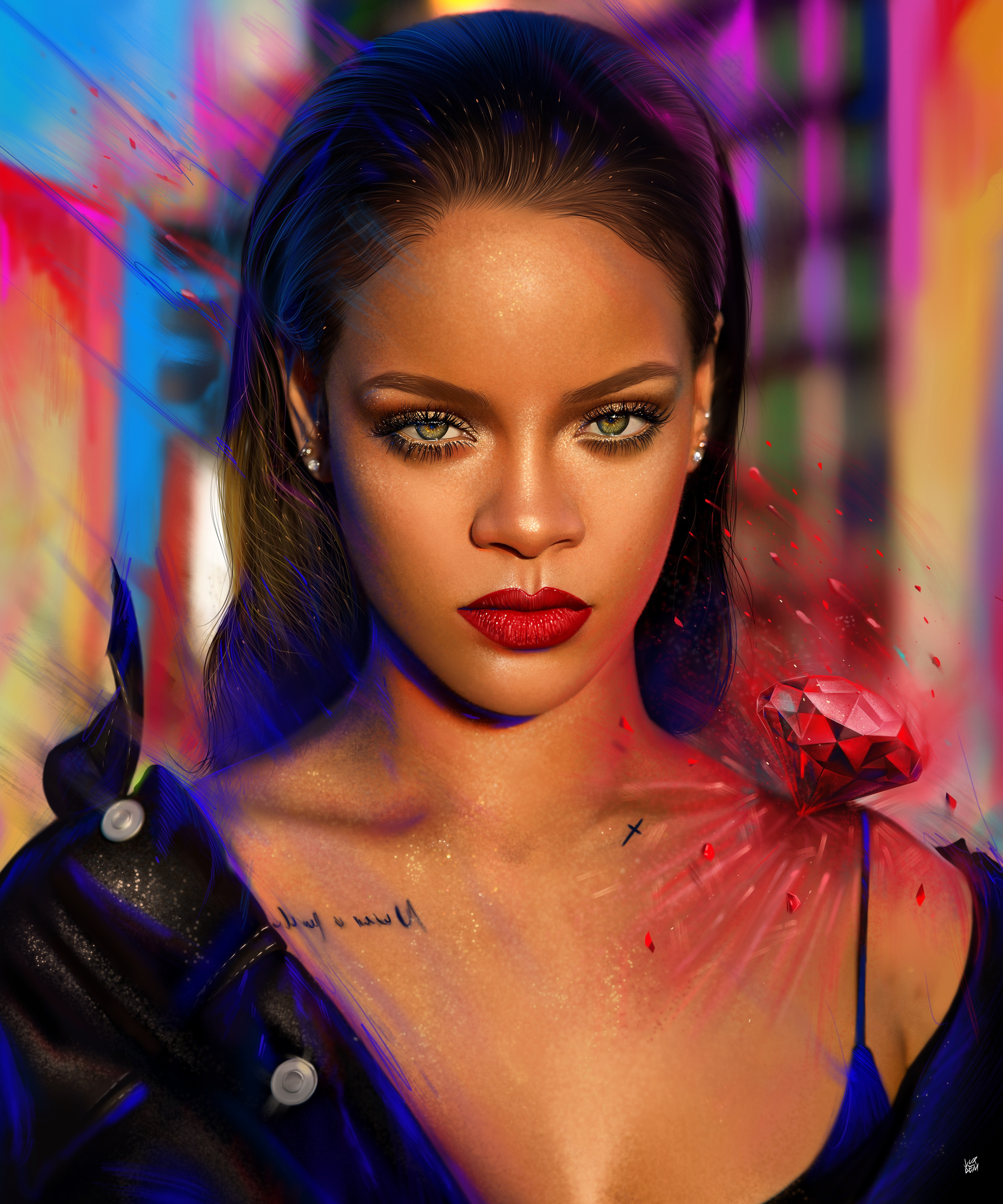 Rihanna, Illustration, Barbadische Sängerin, Porträt, Farbe, Farbenfroh, Lebendig, Magisch