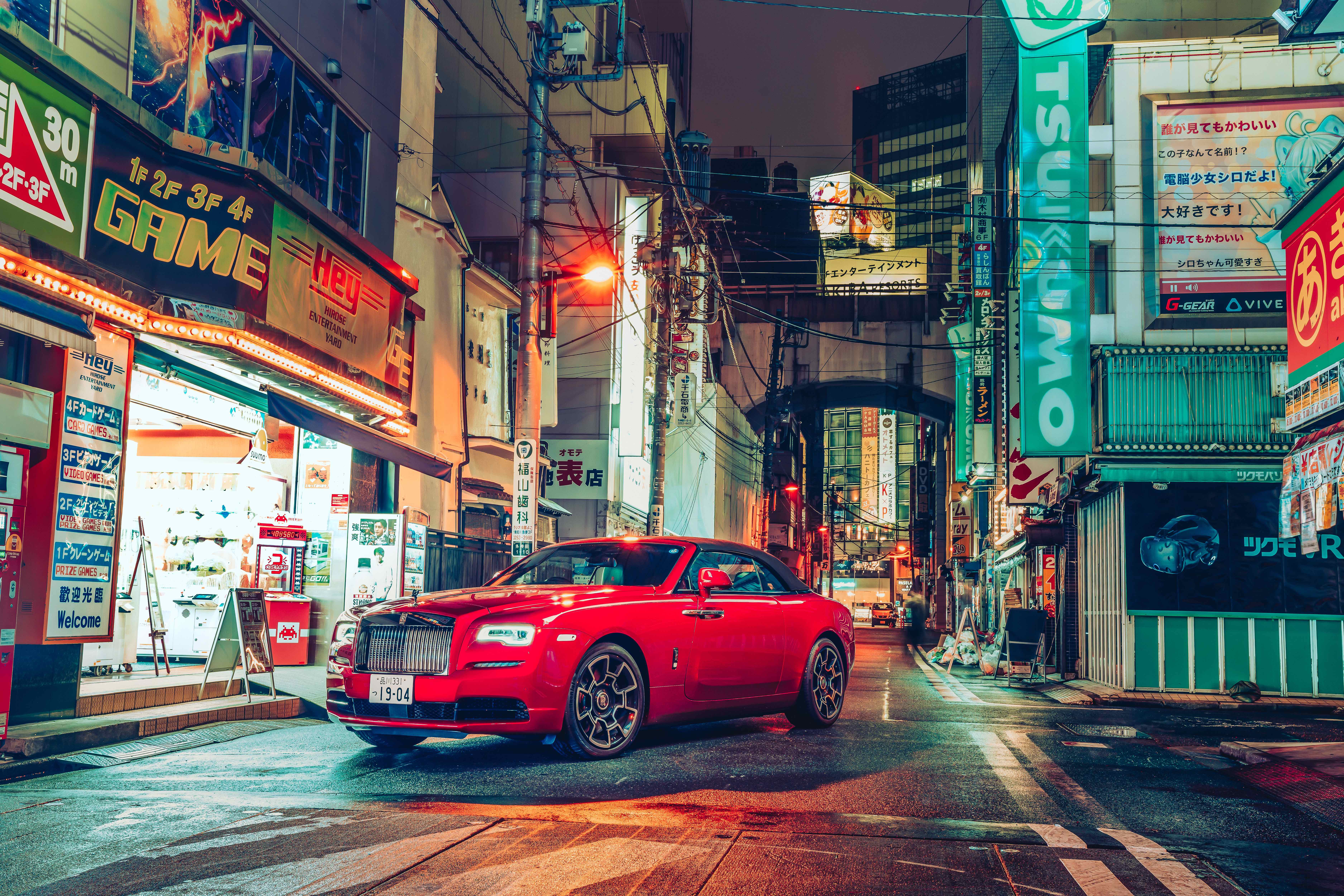 Rolls-Royce Dawn Black Badge, Tokio, 2021, Stadtlandschaft, Nacht, Straßen, Lichter, 5K, 8K