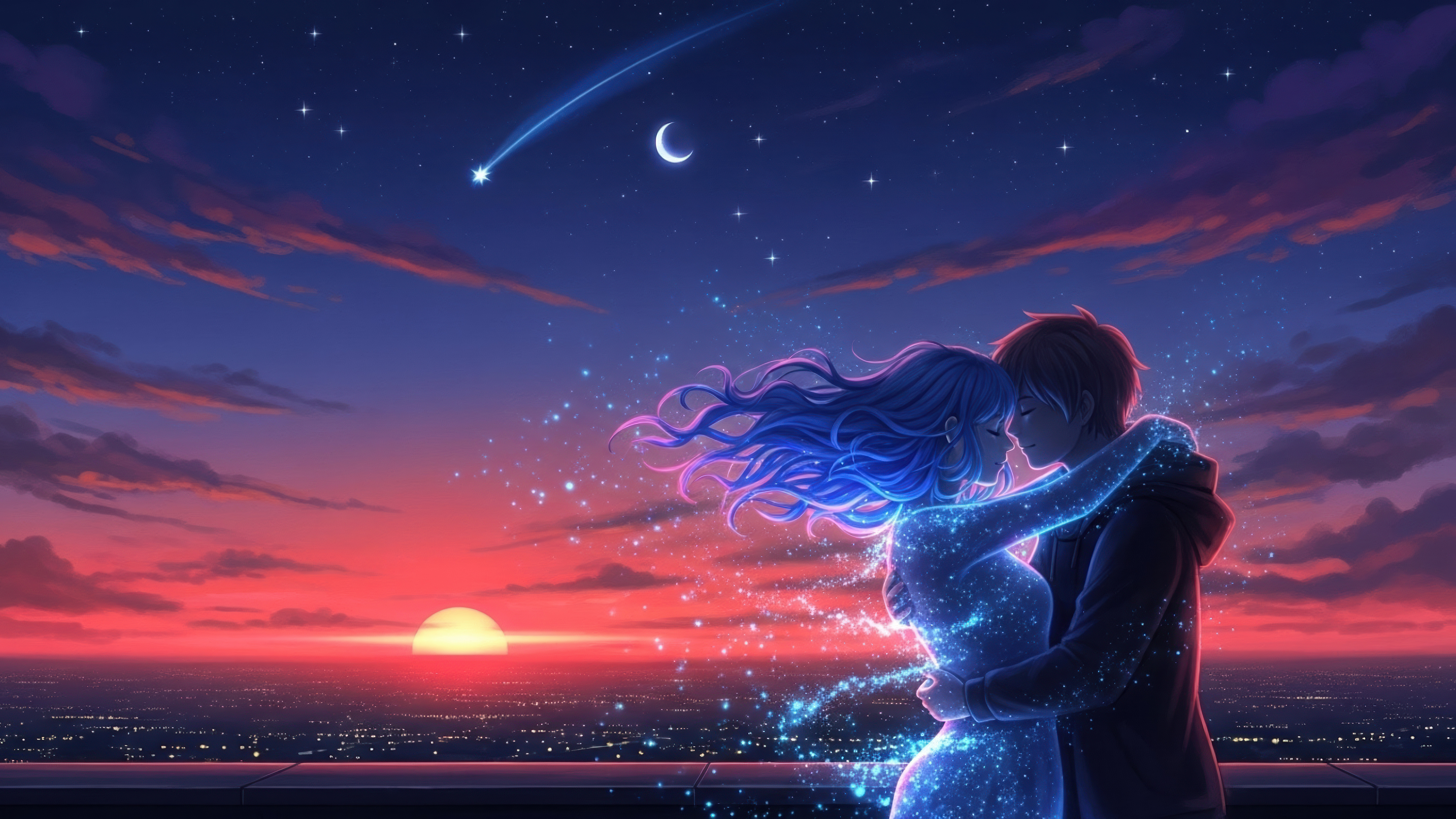 Romantisch, Liebespaar, surreal, ätherisch, leuchtend, Sonnenuntergang, Sterne, Sternschnuppen, Mond, 5K