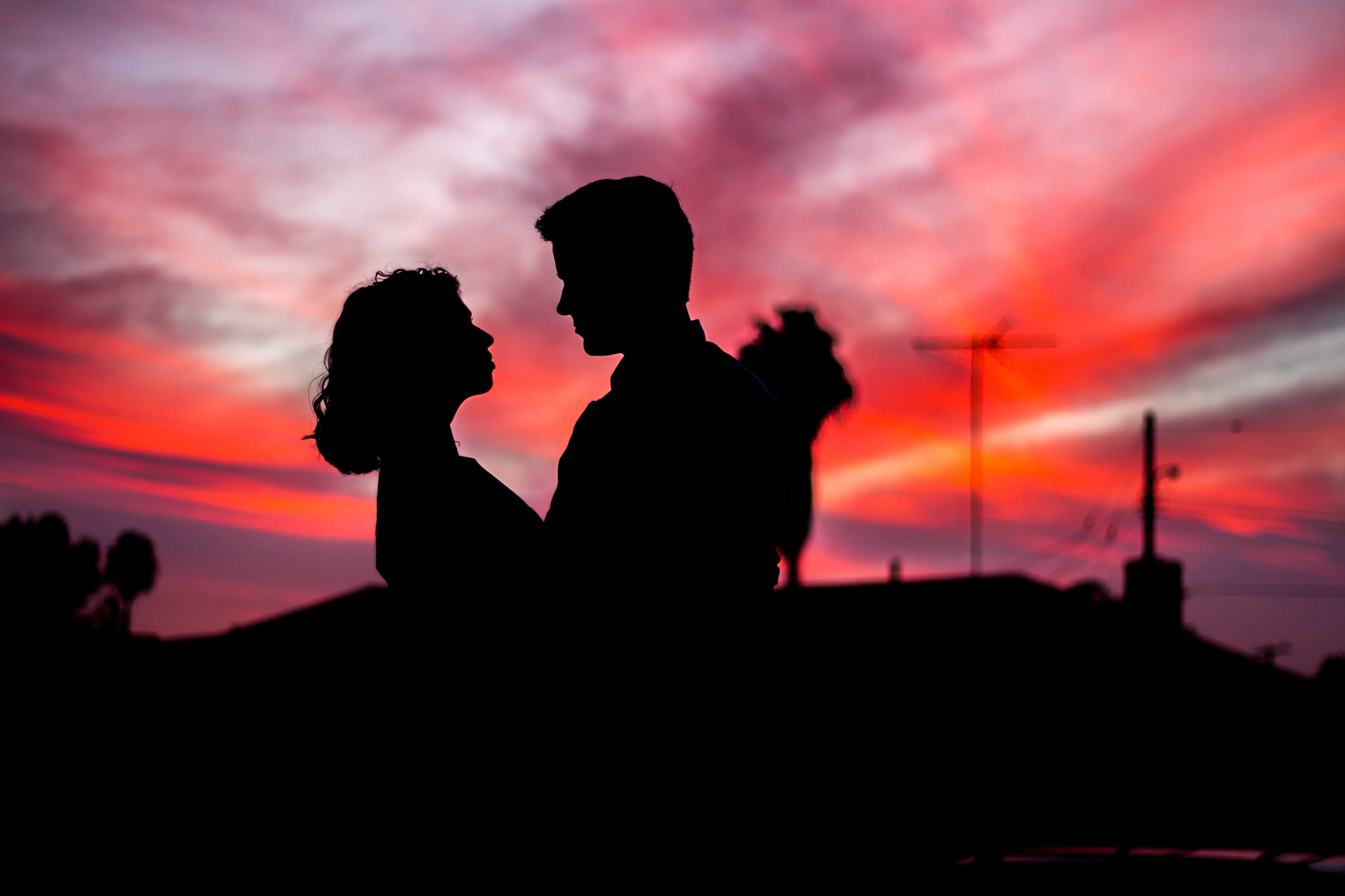 Romantisch, Paar, Silhouette, Sonnenuntergang, Mann, Frau, 5K