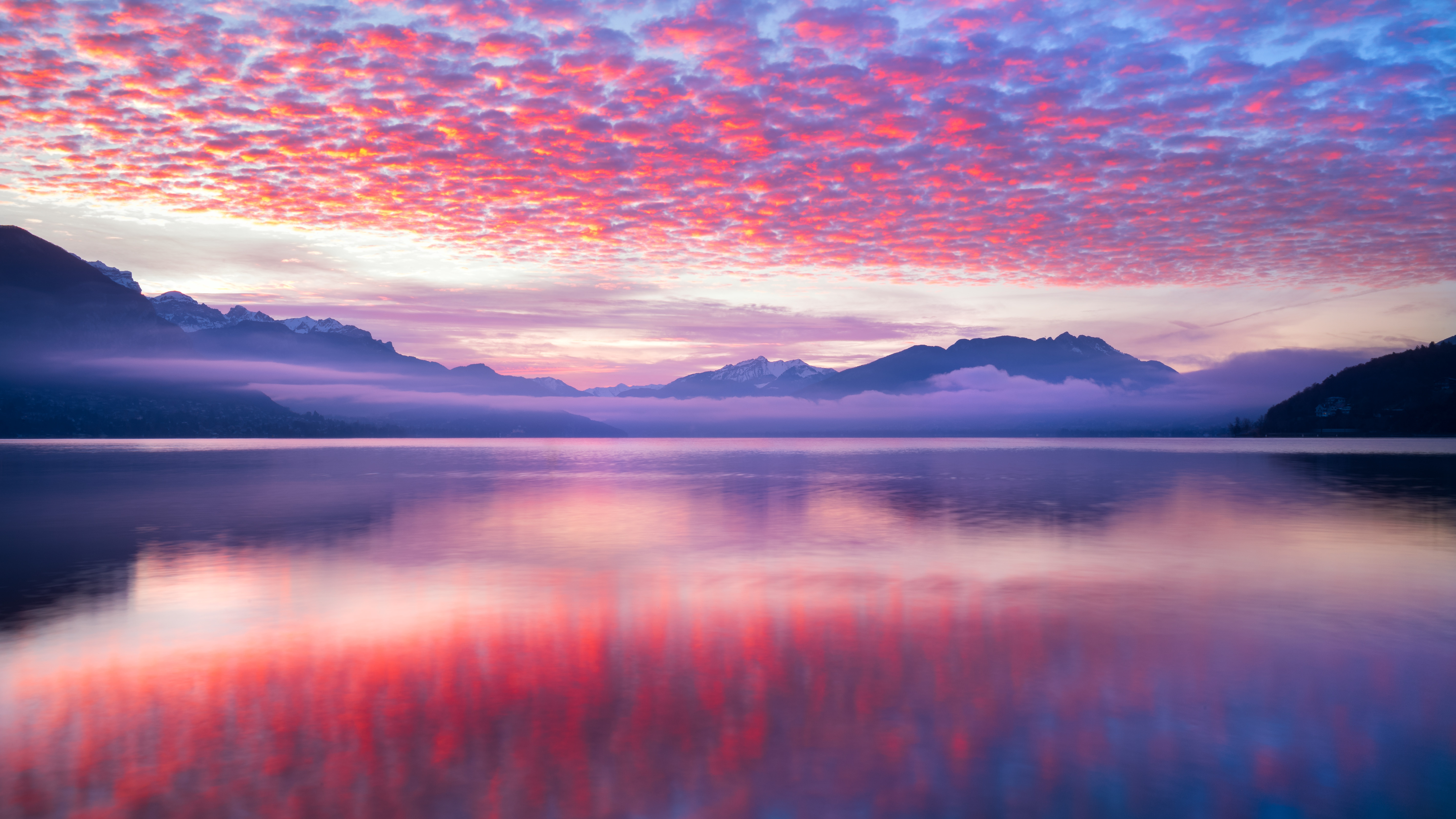 Rosa Wolken, Spiegelung, See, Gewässer, Berge, Landschaft, Szenerie, Nebel, 5K