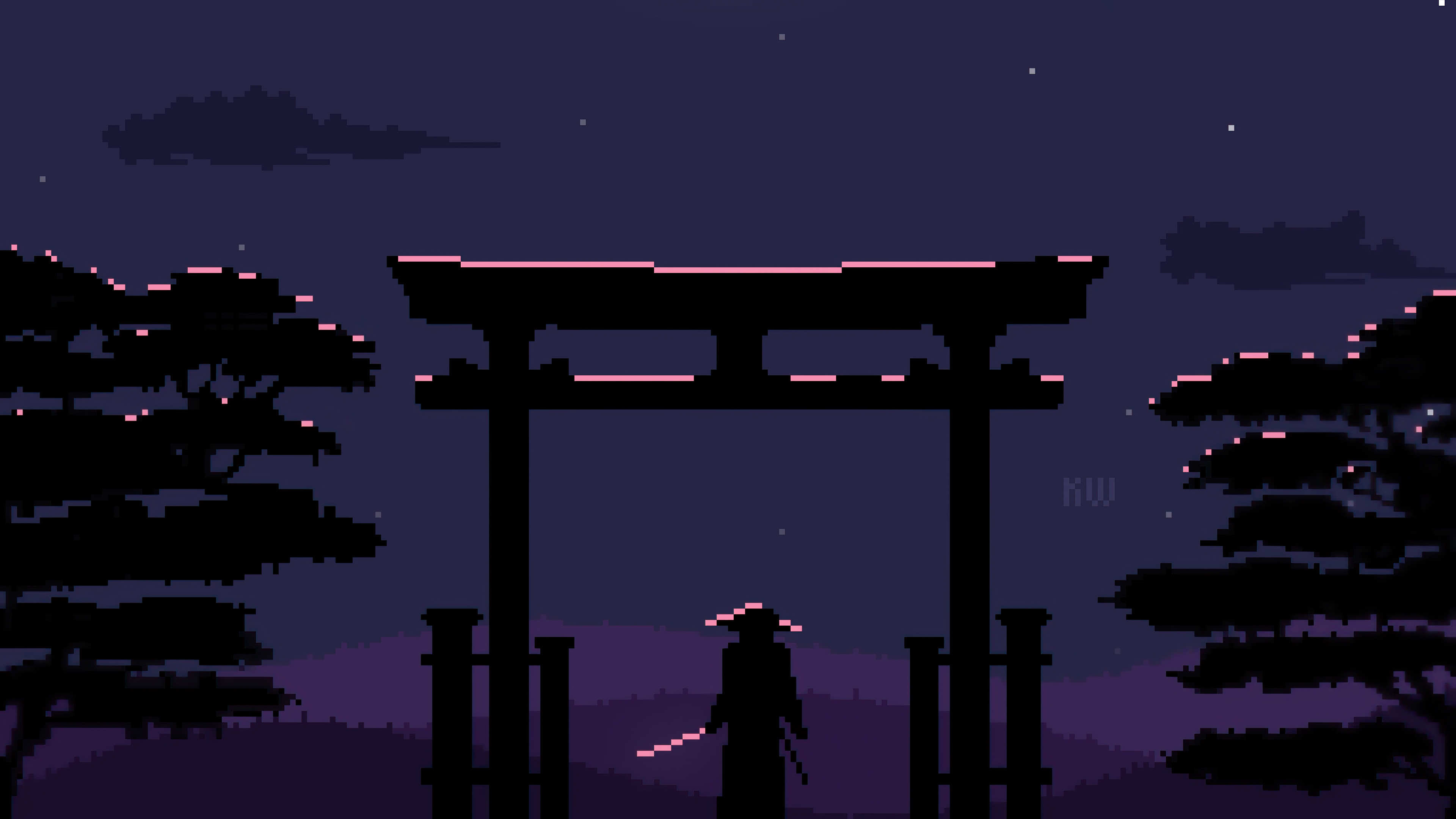 Samurai, Pixel Art, Torii-Tor, Japanische Tradition, Dunkle Ästhetik, Retro-Stil