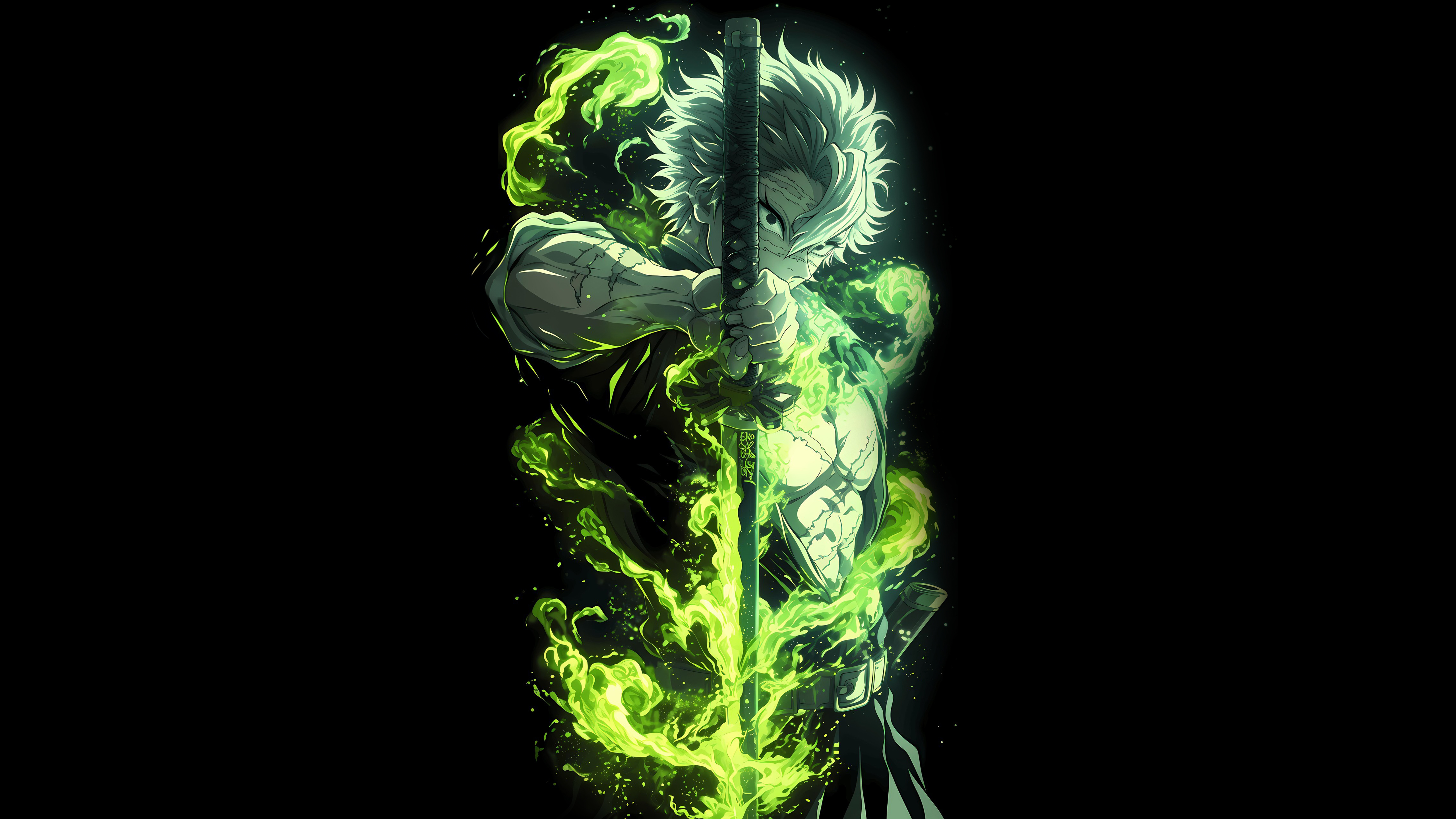 Sanemi Shinazugawa, AMOLED, Demon Slayer: Kimetsu no Yaiba, 5K, schwarzer Hintergrund
