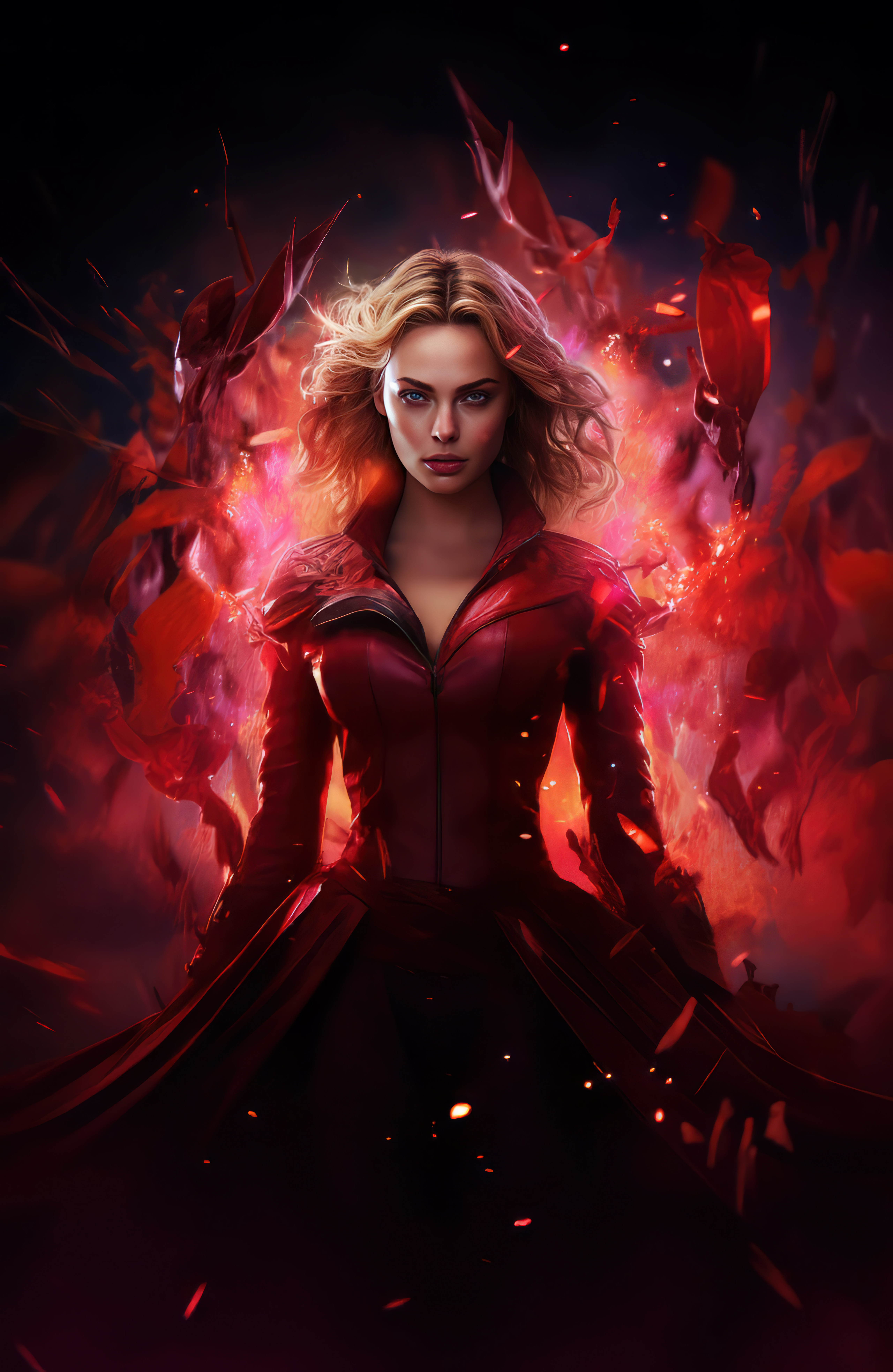 Scarlet Witch, Digital Art, 5K, Midjourney, KI-Kunst, Marvel Comics, rote Ästhetik