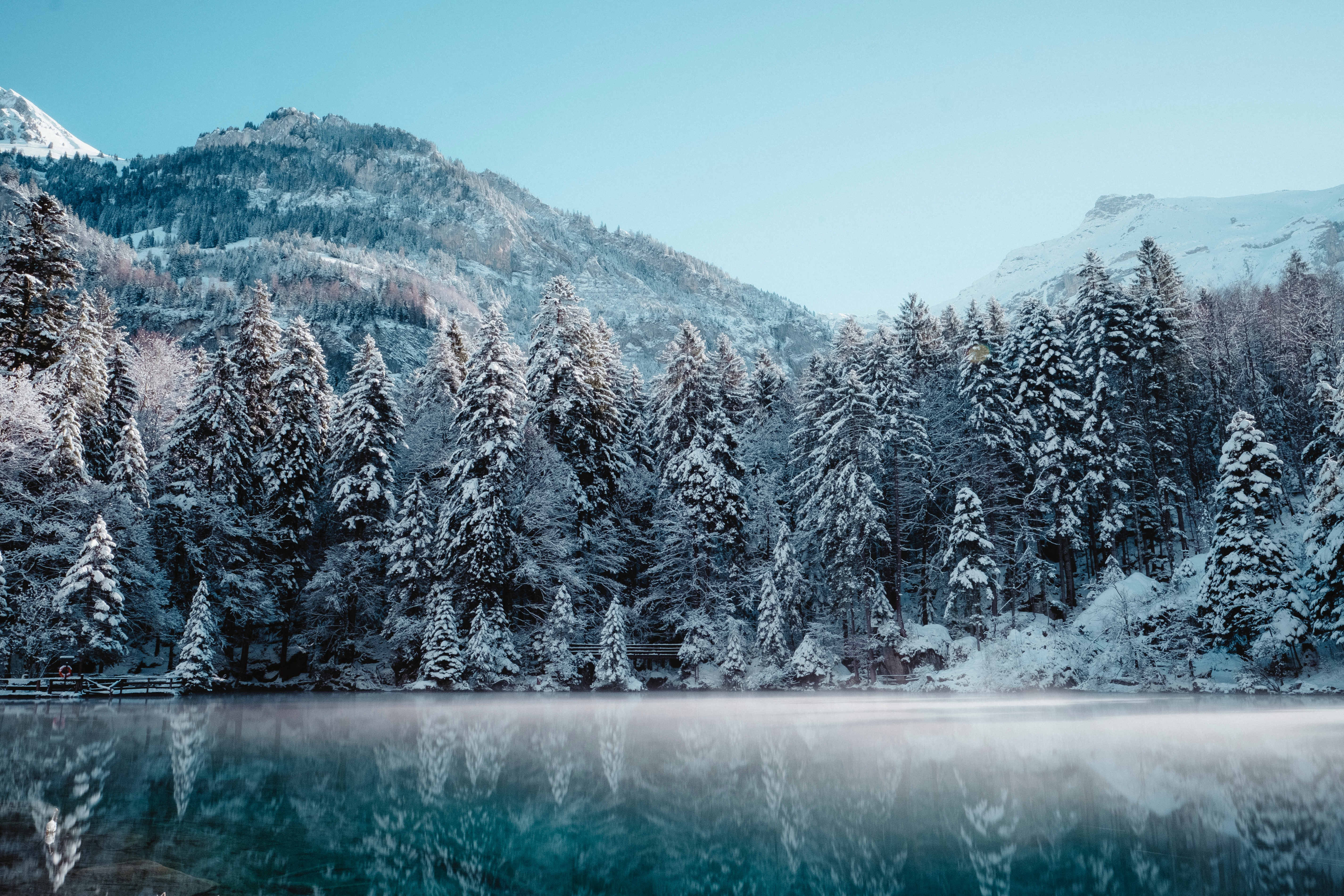 Schneeberge, Gletscher, Gefroren, Nebel, See, Spiegelung, Schneebedeckt, Bäume, Winterwald, 5K