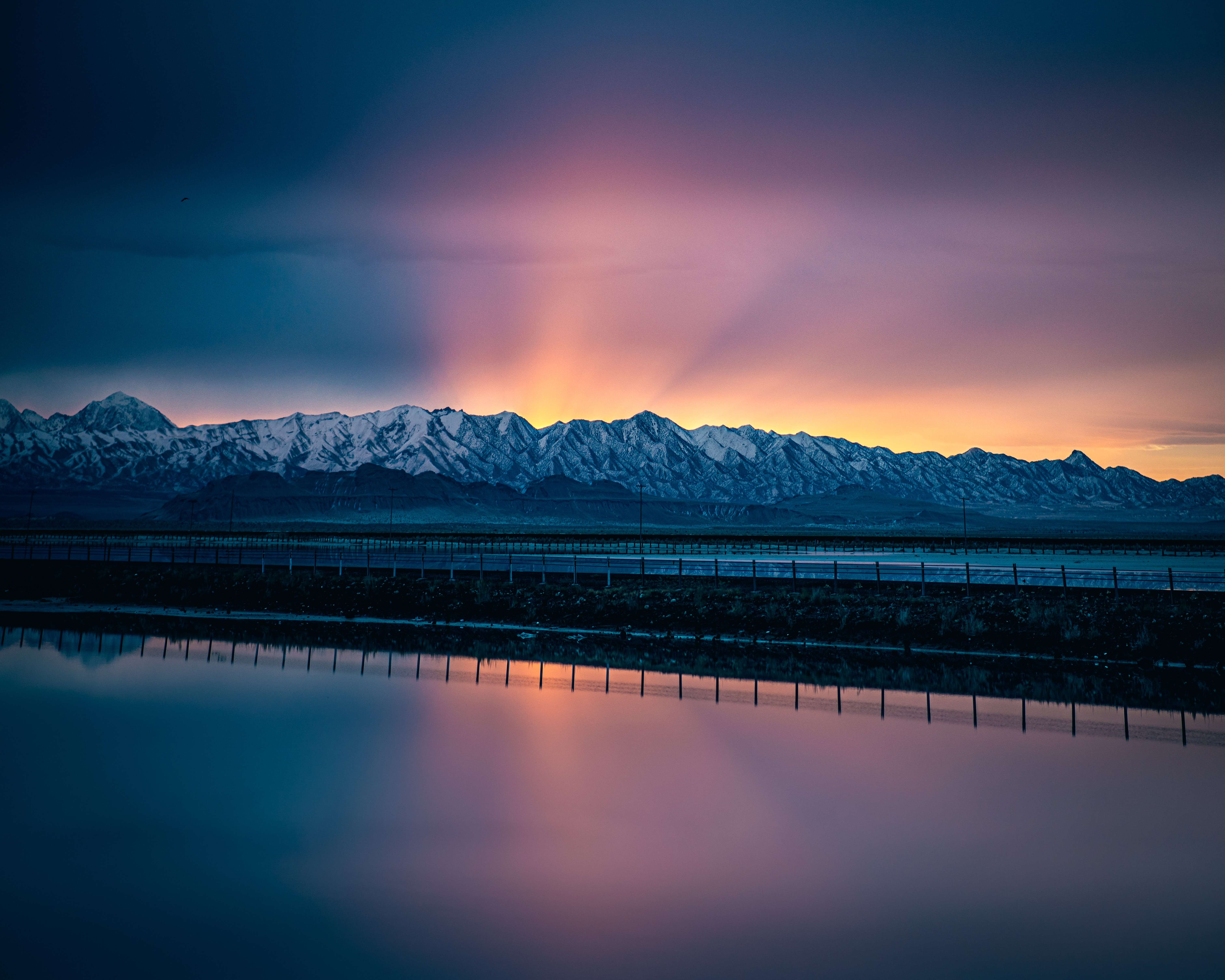 Schneeberge, Landschaft, Sonnenaufgang, Salt Lake City, Wasser, Spiegelung, Landschaft, Spiegelung, Bergkette, klarer Himmel, 5K