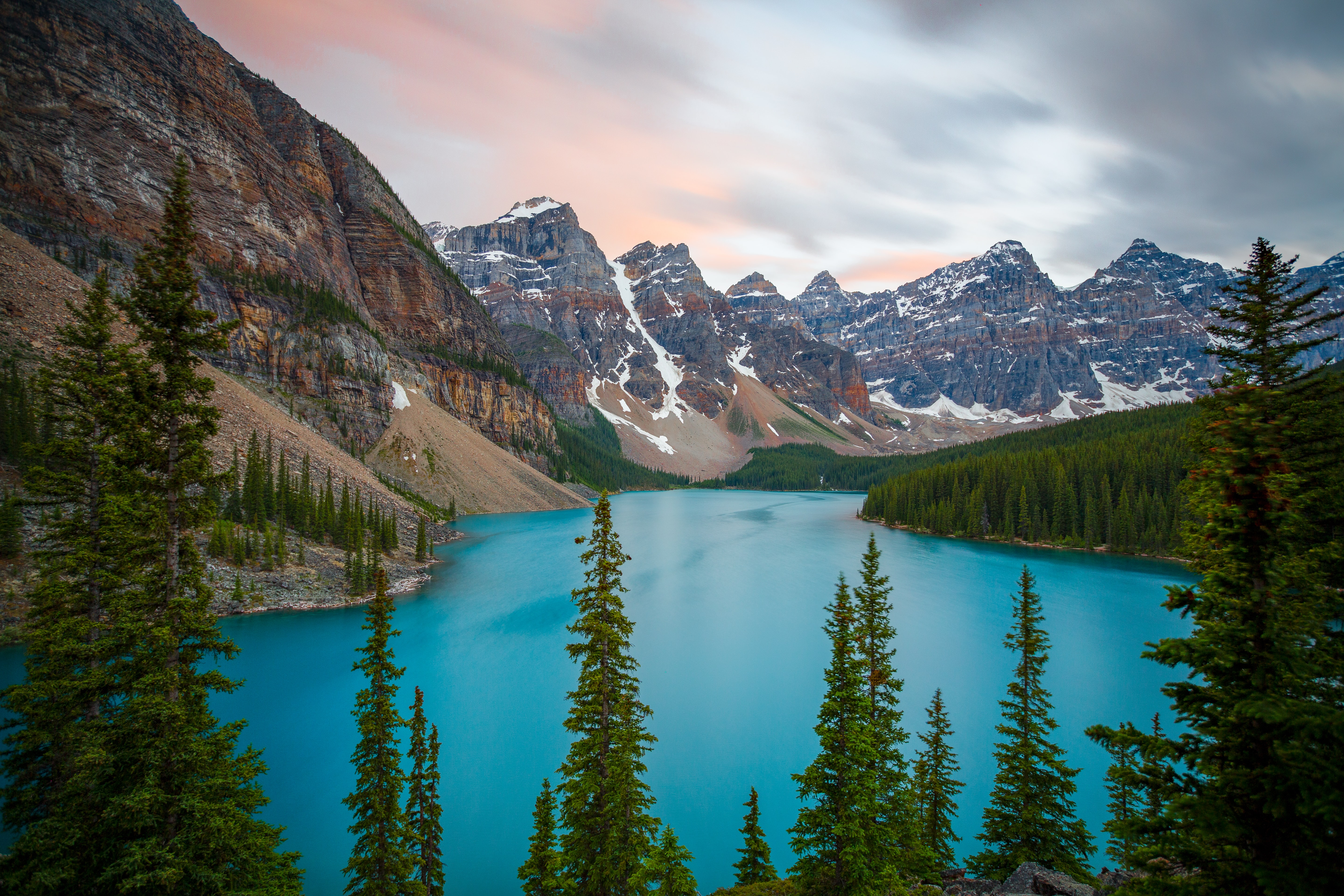 Schneeberge, Moraine Lake, Alberta, Gletscher, Tal, Fluss, Landschaft, Bäume, Blau, malerisch, 5K, Kanada