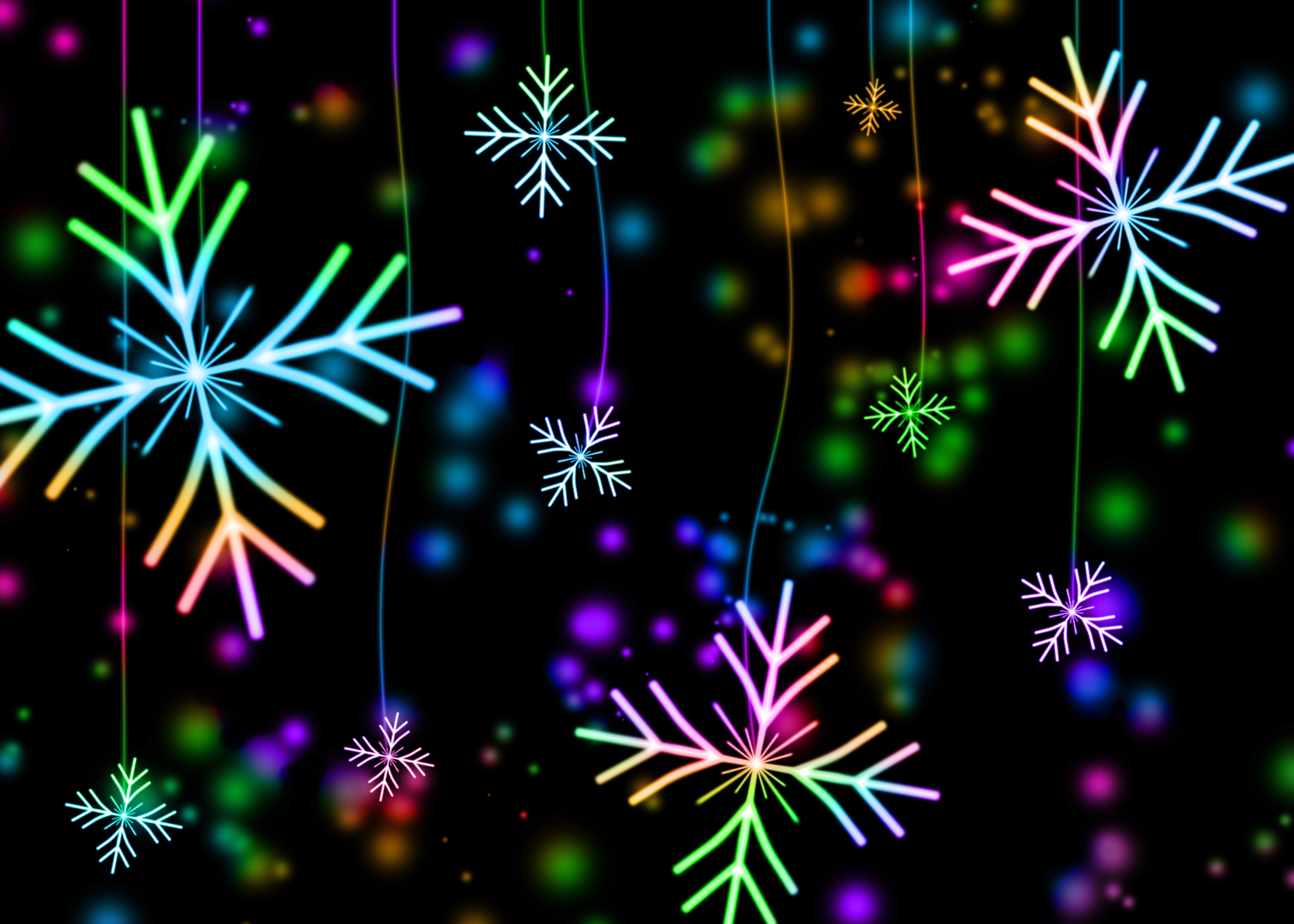 Schneeflocken, Winter, AMOLED, Farbenfroh, Schwarzer Hintergrund, Bokeh, Navidad, Noel
