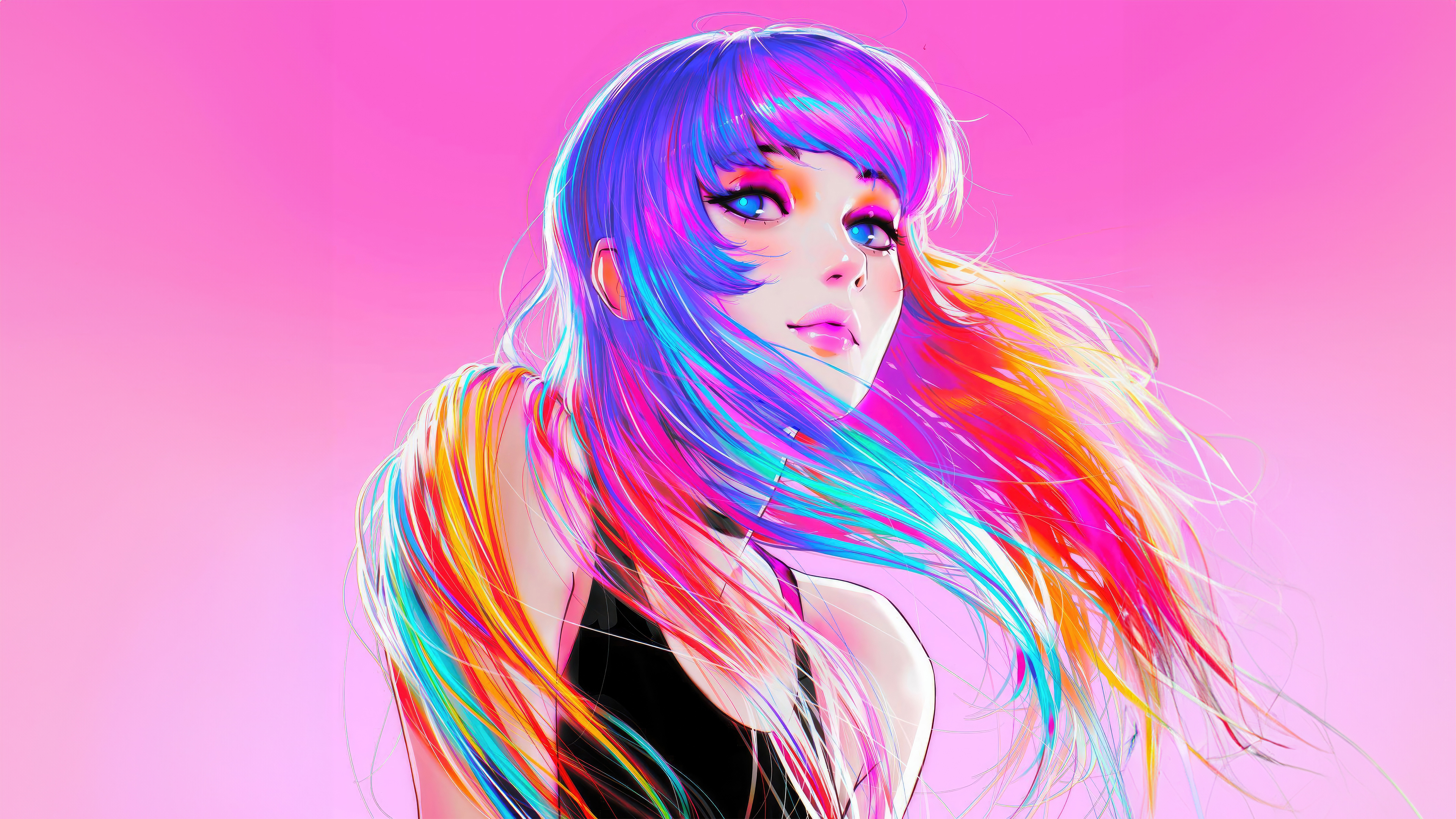 Schönes Mädchen, Bunte Kunst, Mädchenhafte Hintergründe, KI-Kunst, Rosa Hintergrund