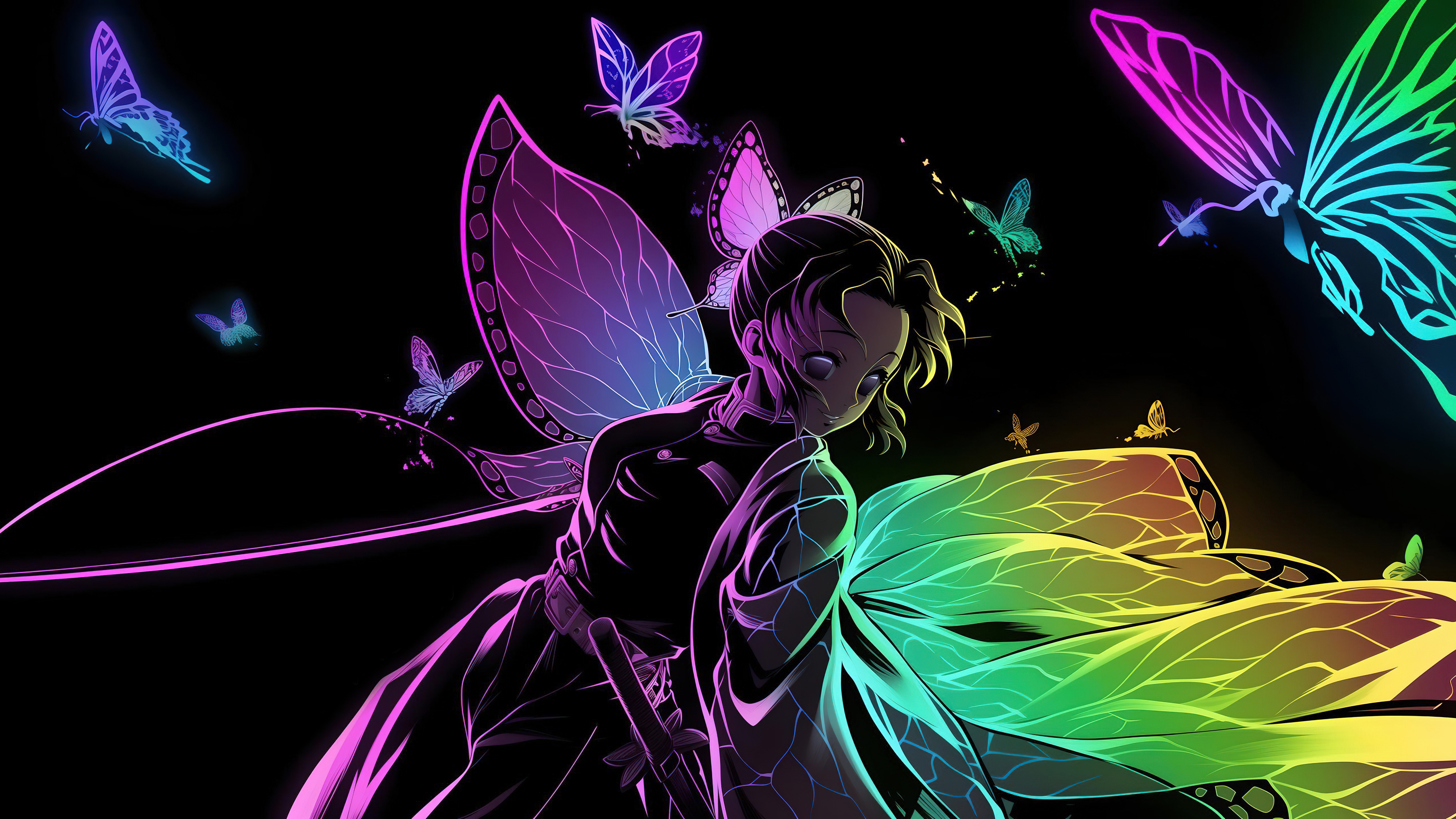 Shinobu Kocho, Farbenfrohe Kunst, AMOLED, 5K, Schwarzer Hintergrund, Demon Slayer: Kimetsu no Yaiba