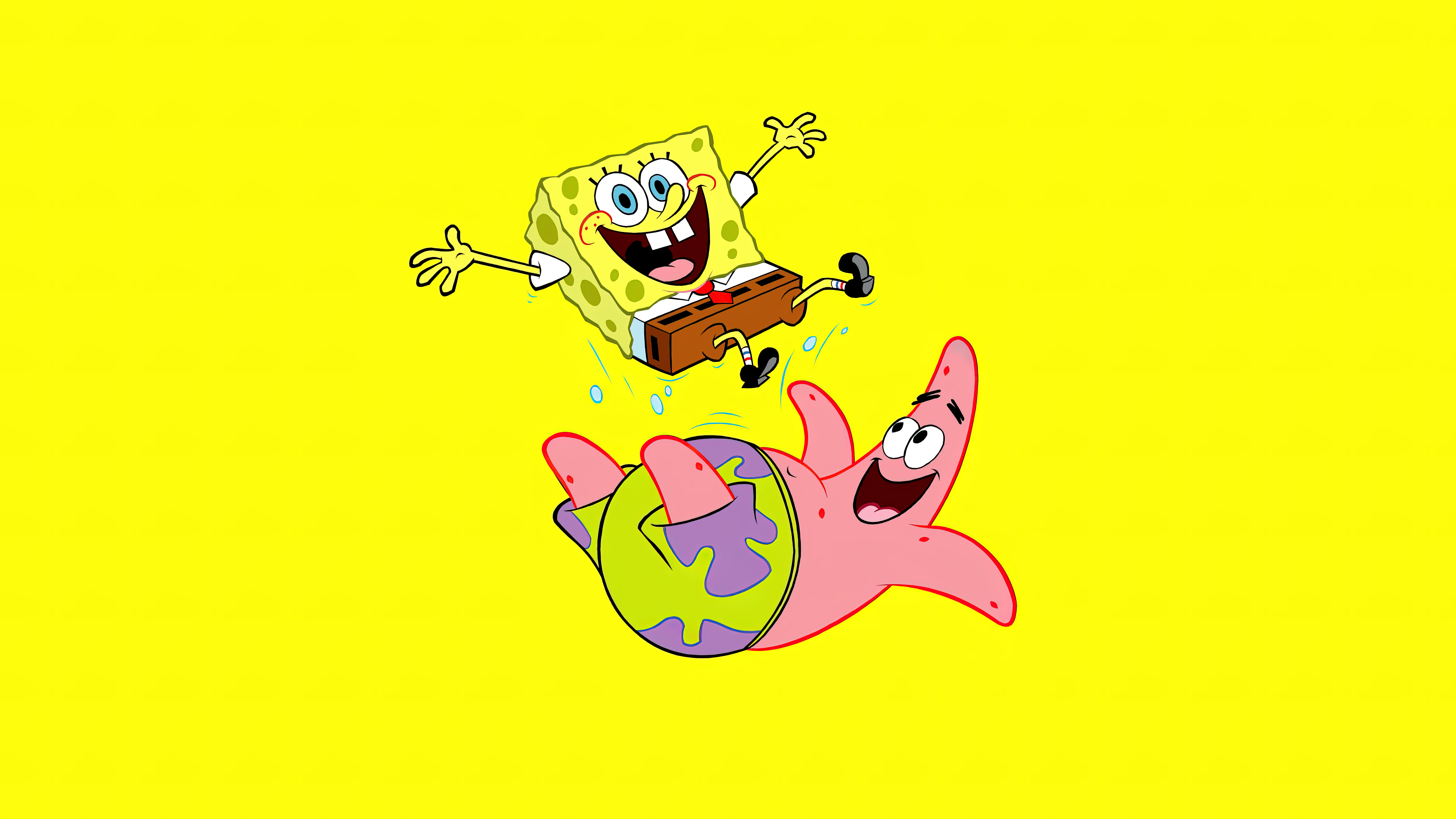 SpongeBob, Patrick Star, SpongeBob SquarePants, Gelber Hintergrund, Cartoon, 5K