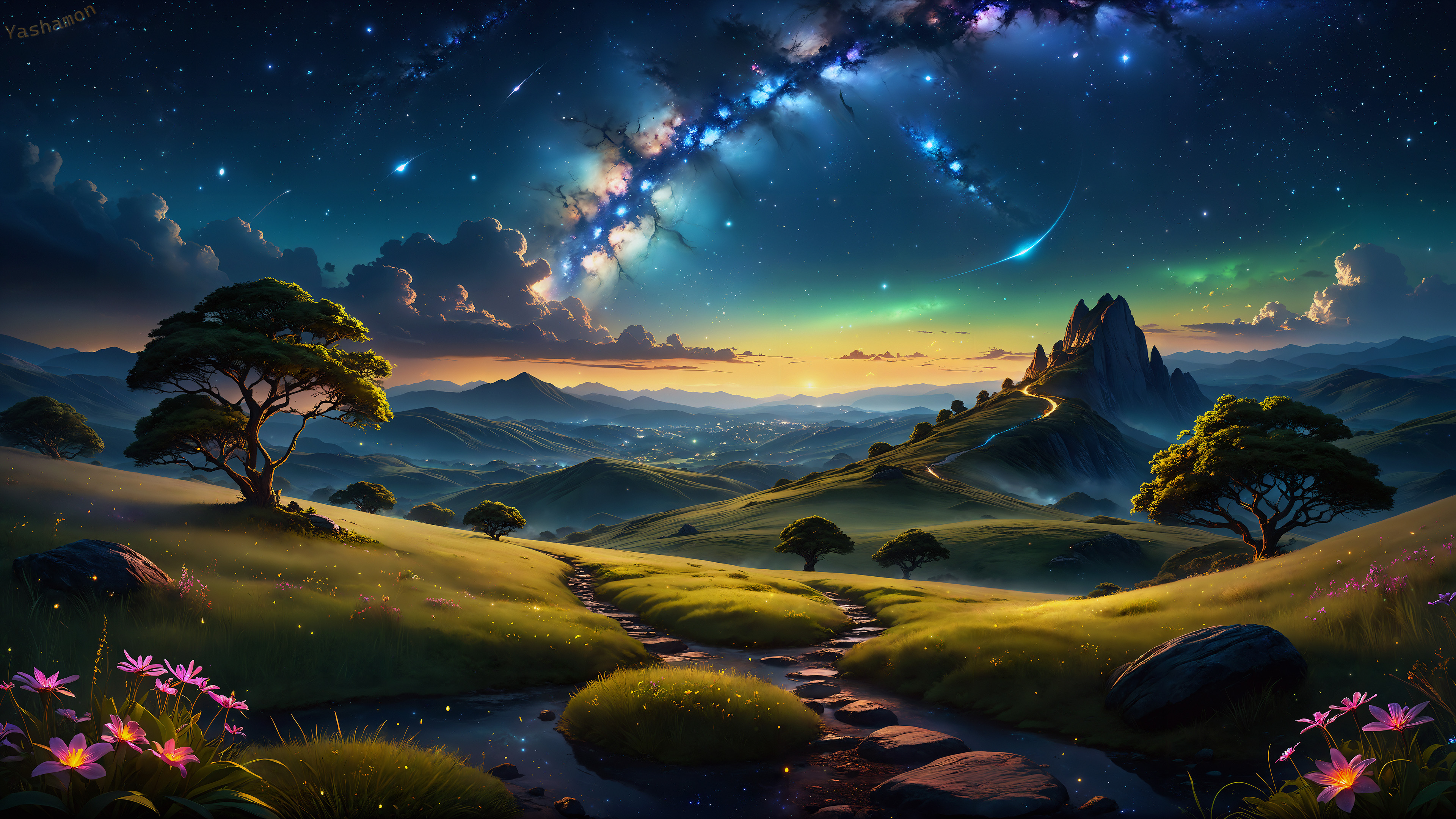 Sternenhimmel, Landschaft, Traumhaft, Surreal, KI-Kunst, Morgendämmerung