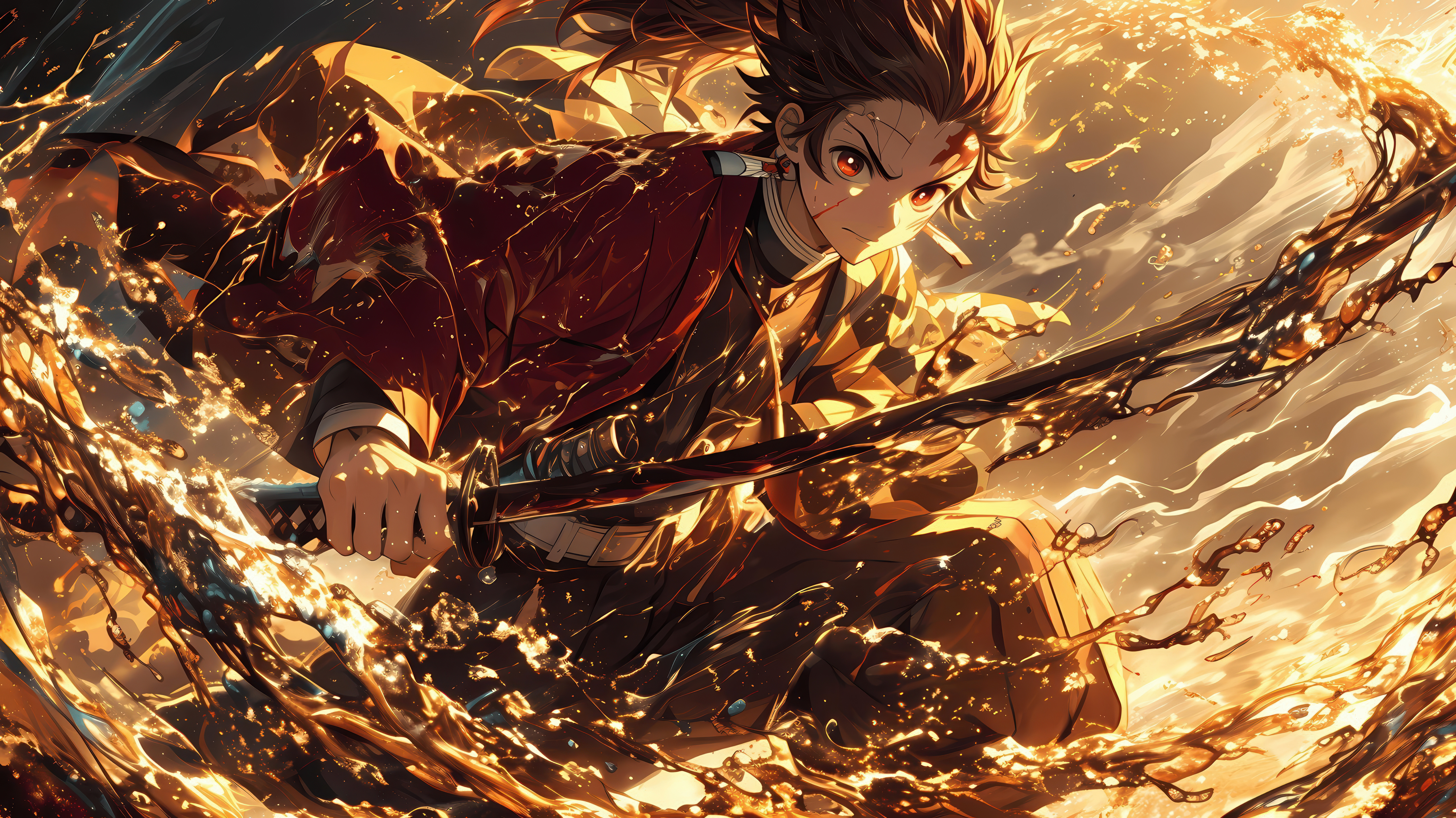 Tanjiro Kamado, Action, Wasser-Atmung, Schwert, Demon Slayer: Kimetsu no Yaiba, 5K, KI-Kunst