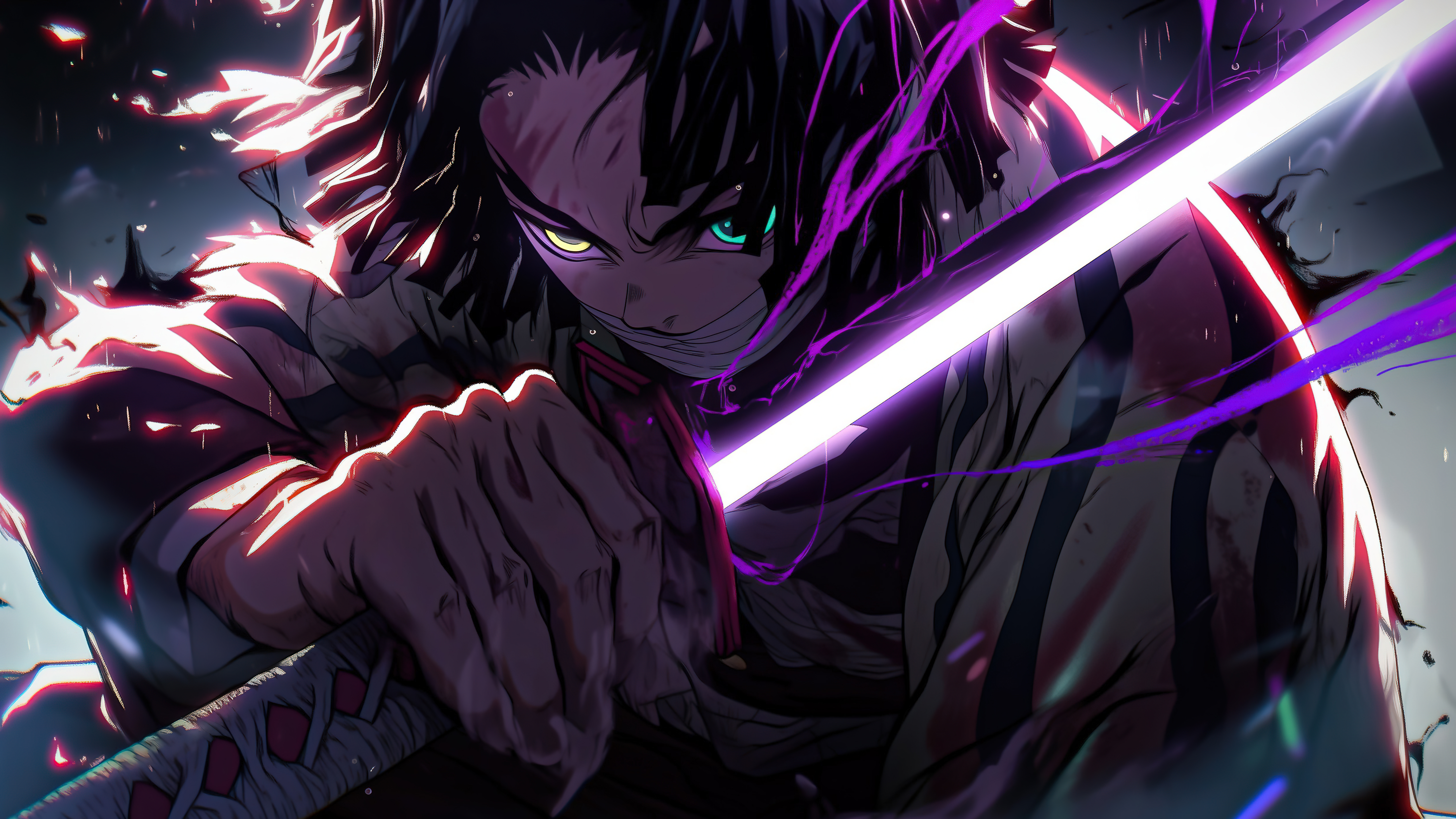 Tanjiro Kamado, Schwert, Farbenfroher Anime, 5K, Demon Slayer: Kimetsu no Yaiba