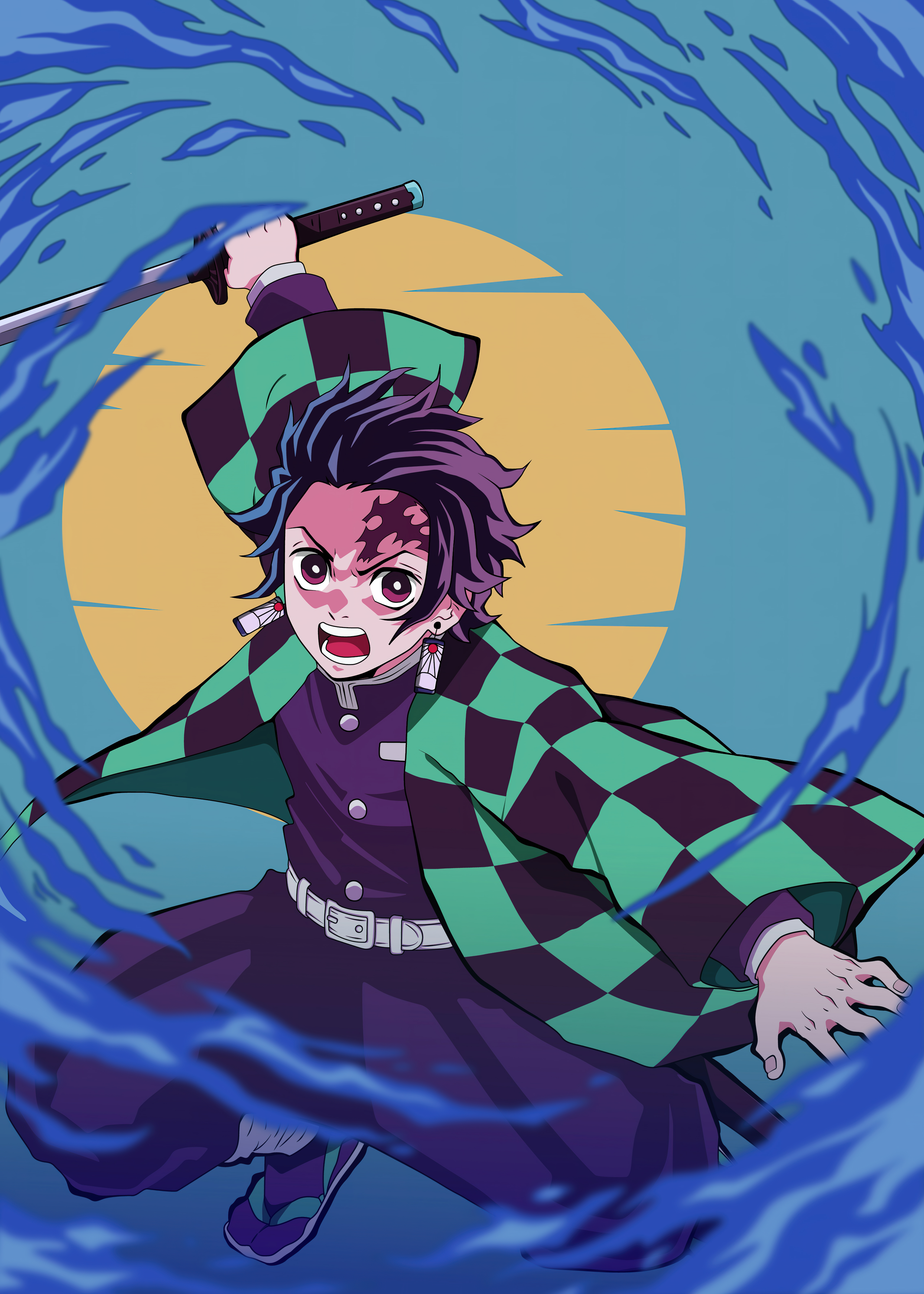 Tanjiro Kamado, Wasseratmung, Demon Slayer: Kimetsu no Yaiba, 5K, Zeichnung, Illustration