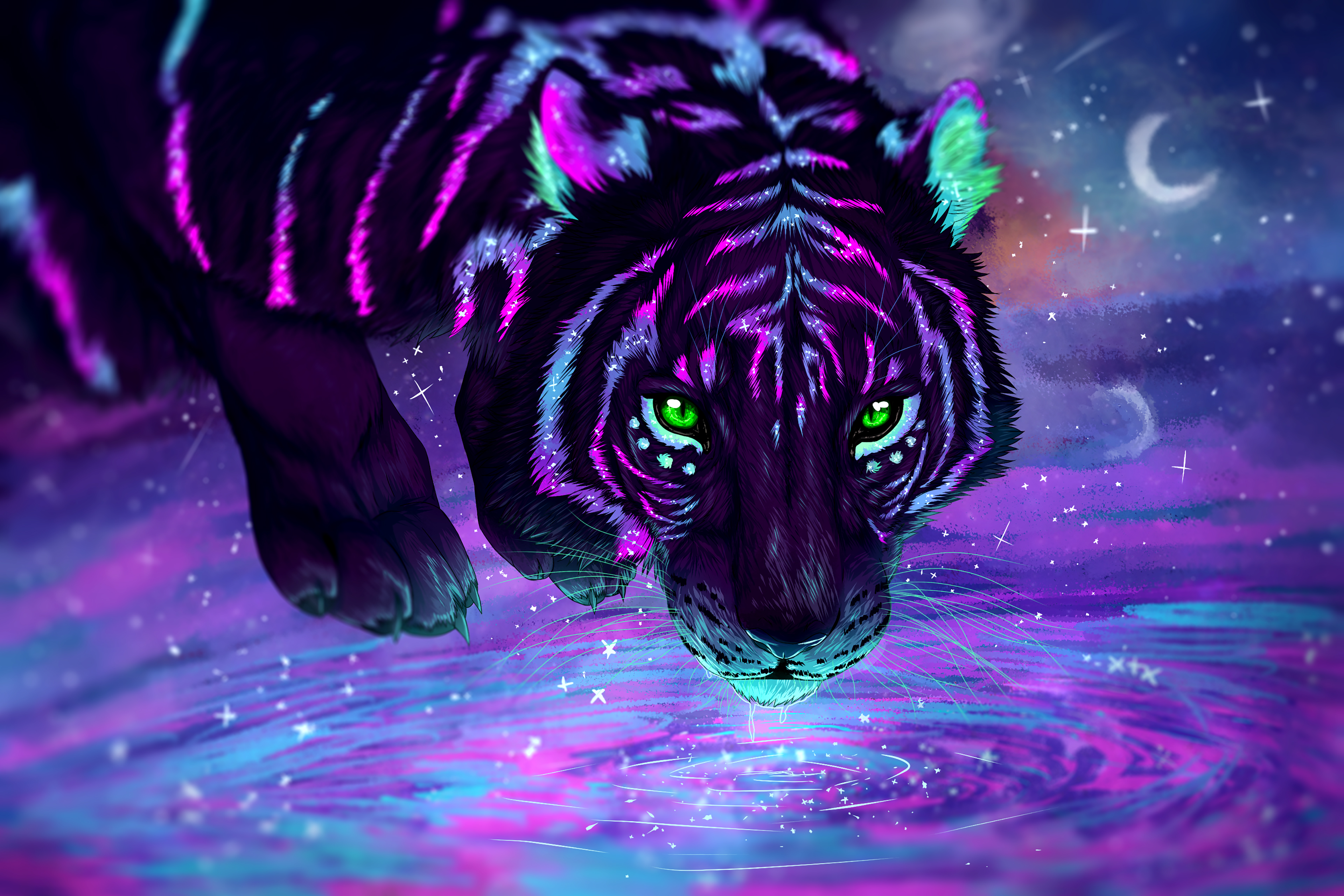 Tiger, Neon, Digitale Malerei, Leuchtend