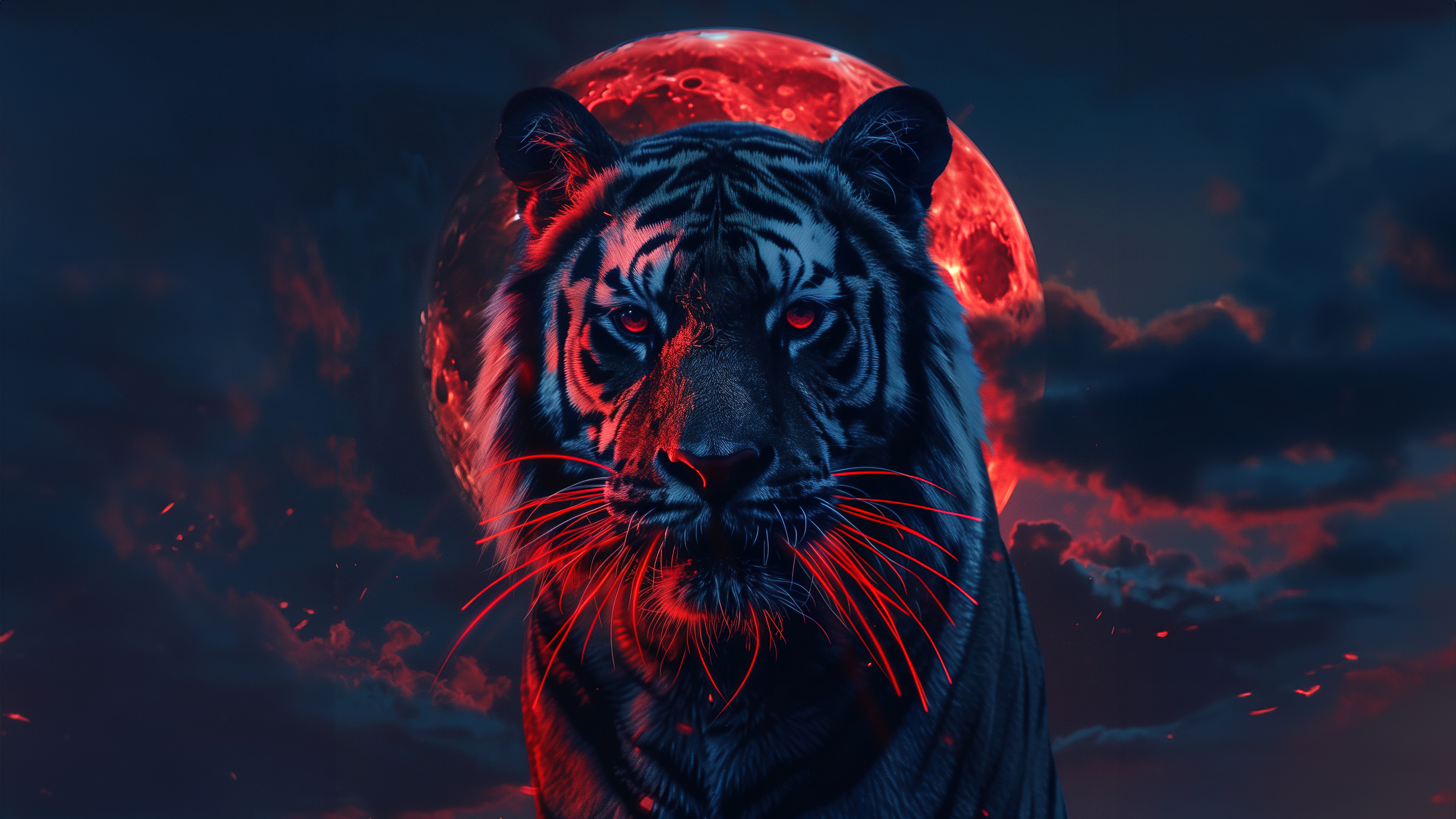 Tiger, Rote Ästhetik, Roter Mond, 5K, KI-Kunst, Nahaufnahme-Fotografie