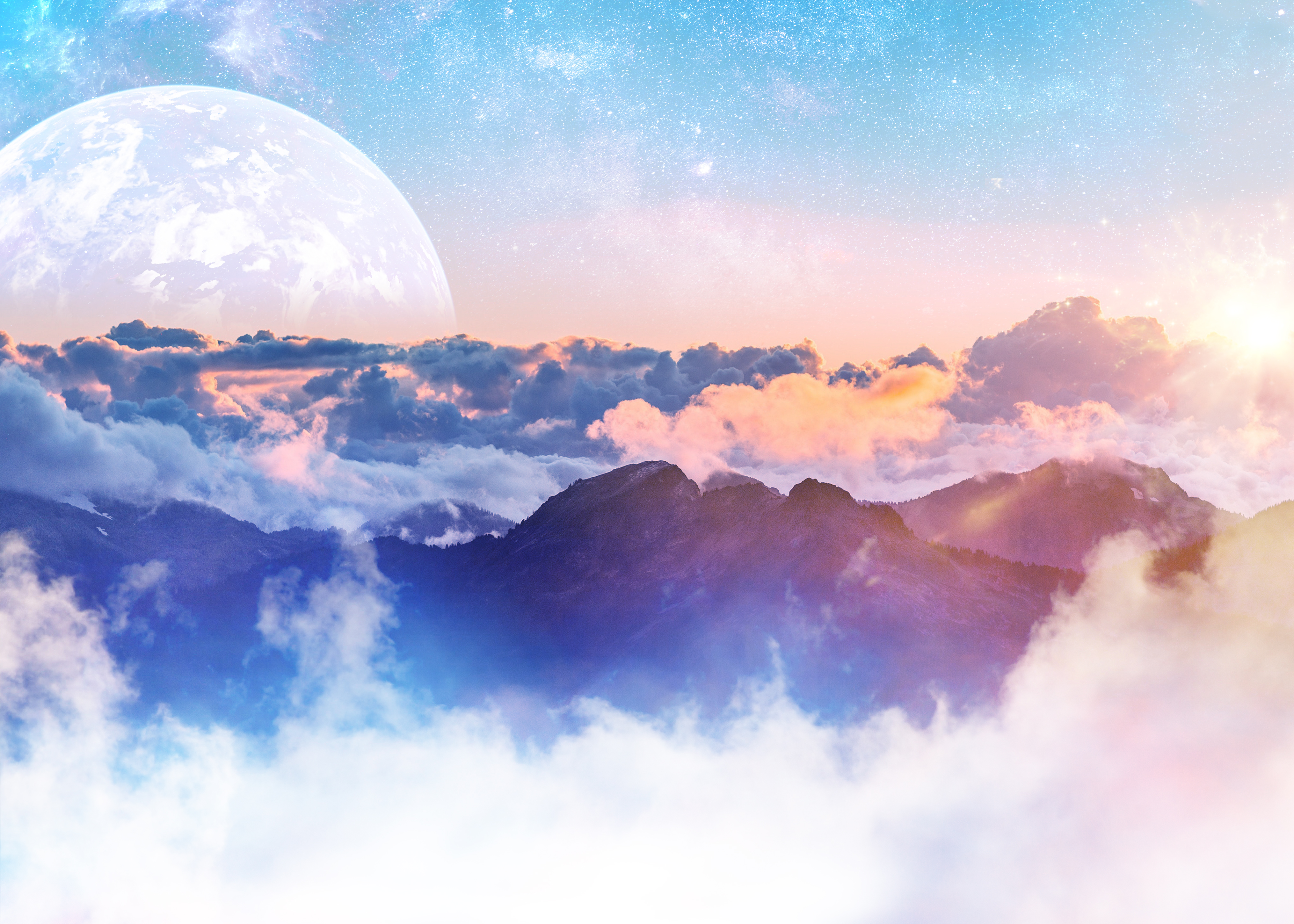 Über den Wolken, Mond, Planet, Berge, Wolken, sonniger Tag