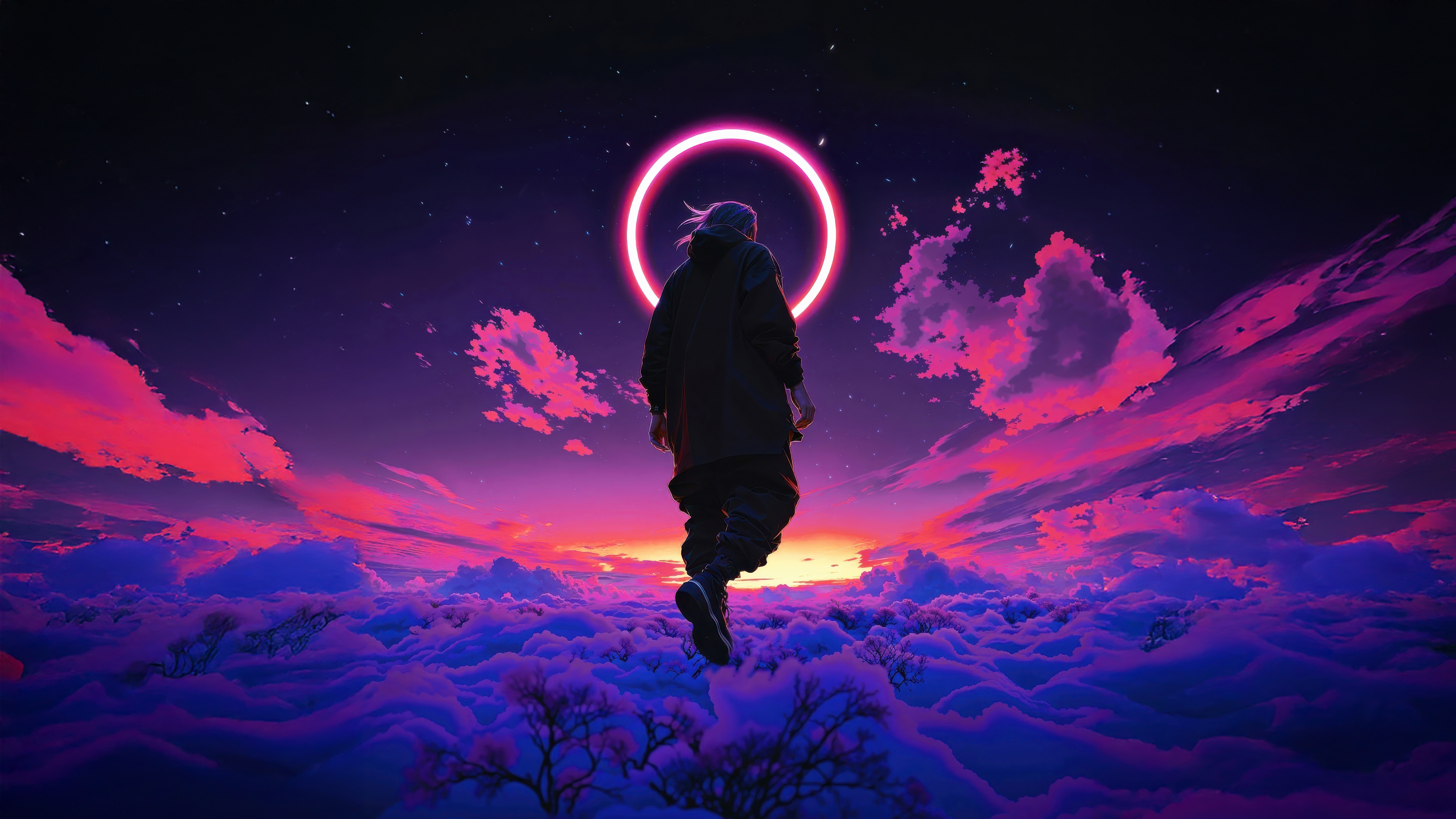 Über den Wolken, Neonkunst, Neonkreise, rosa Ästhetik, traumhaft, futuristisch, leuchtend