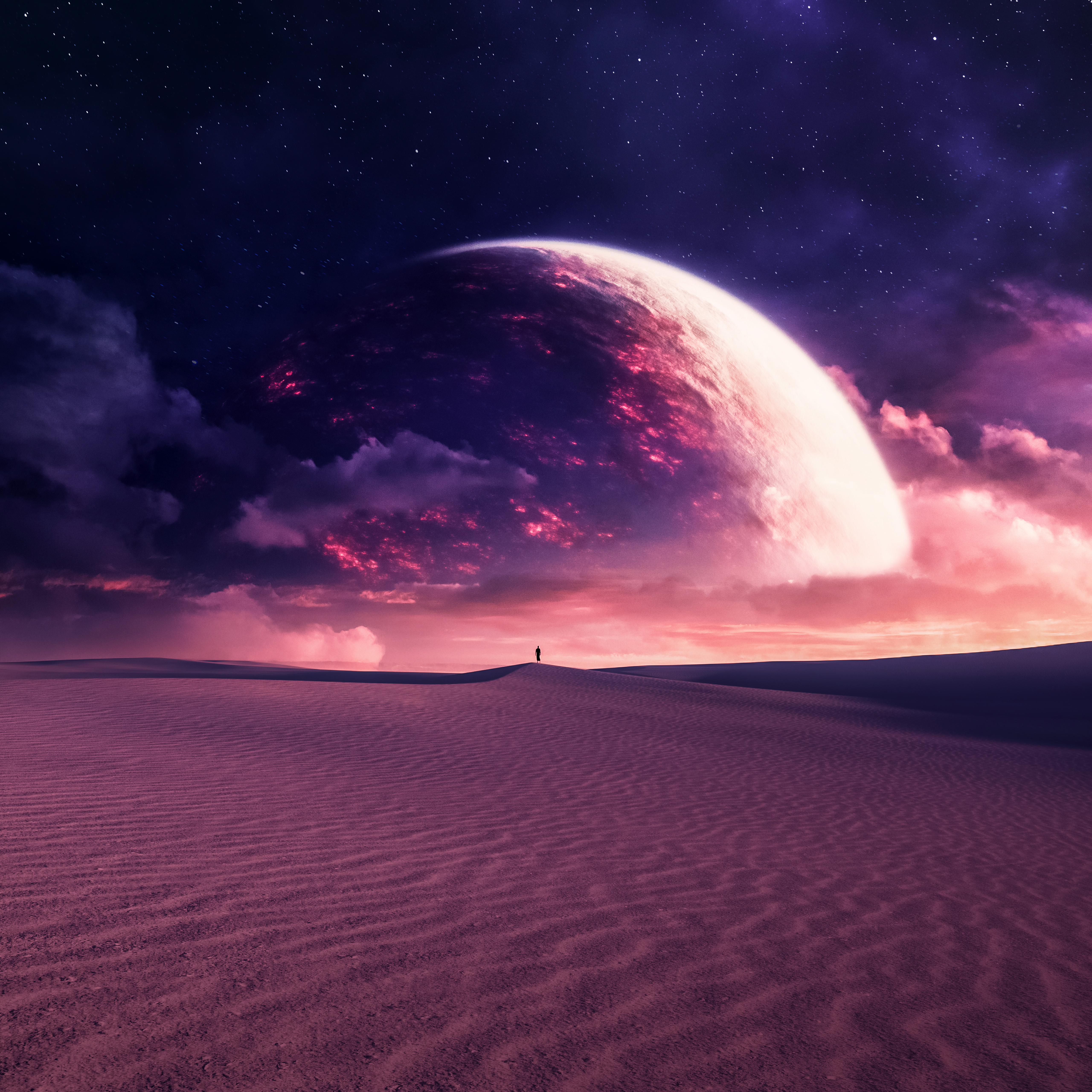 Verträumt, Wüste, Planet, Surrealismus, 5K, Düne, Sterne am Himmel