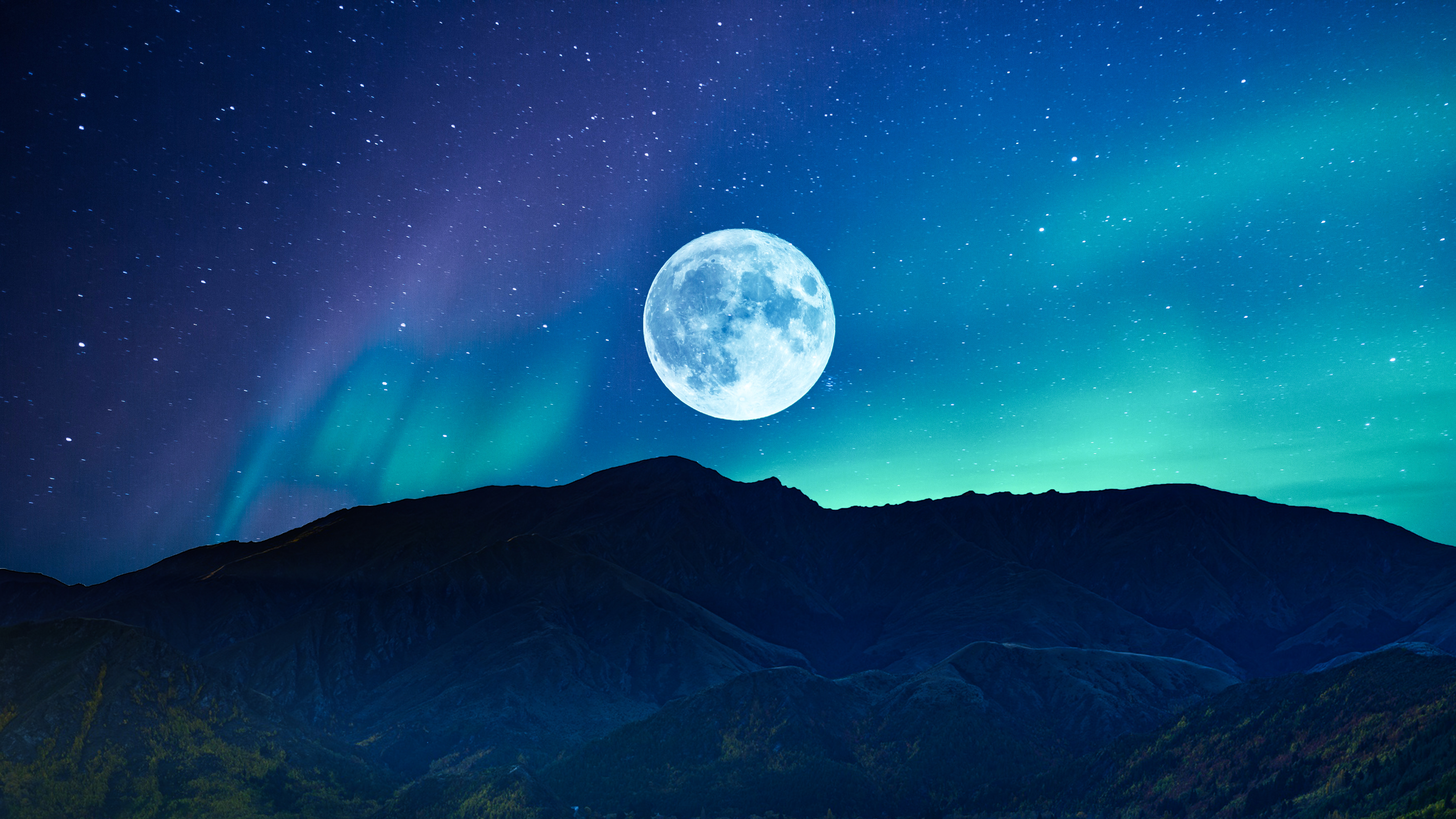 Vollmond, Aurora Borealis, Nachtzeit, Berg, Silhouette, Landschaft, Sternenhimmel, Surreal, Landschaftsbild, Naturphänomene, 5K, 8K