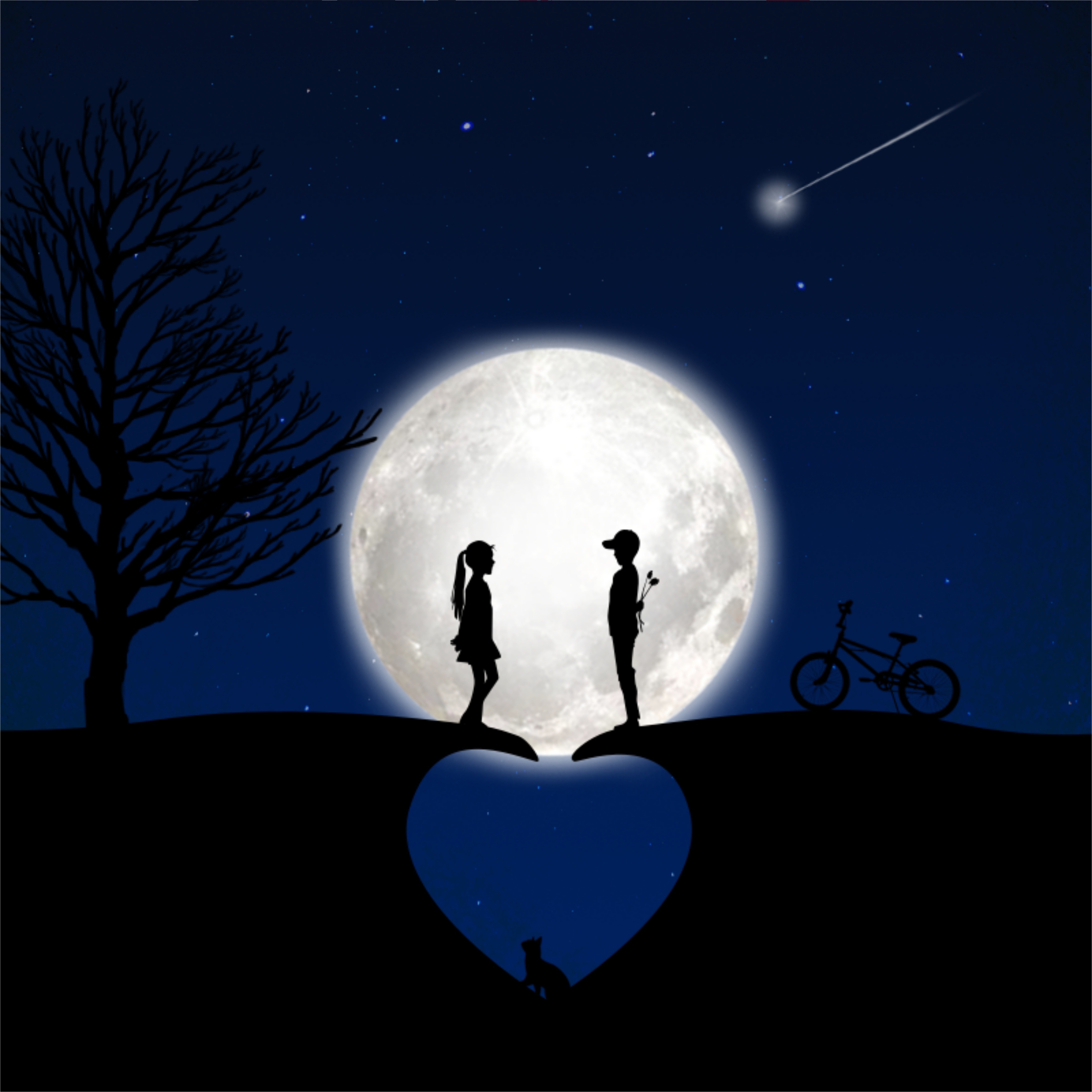 Vollmond, Paar, Herz, Blauer Hintergrund, Fahrrad, Baum, Katze, Sterne, Silhouette