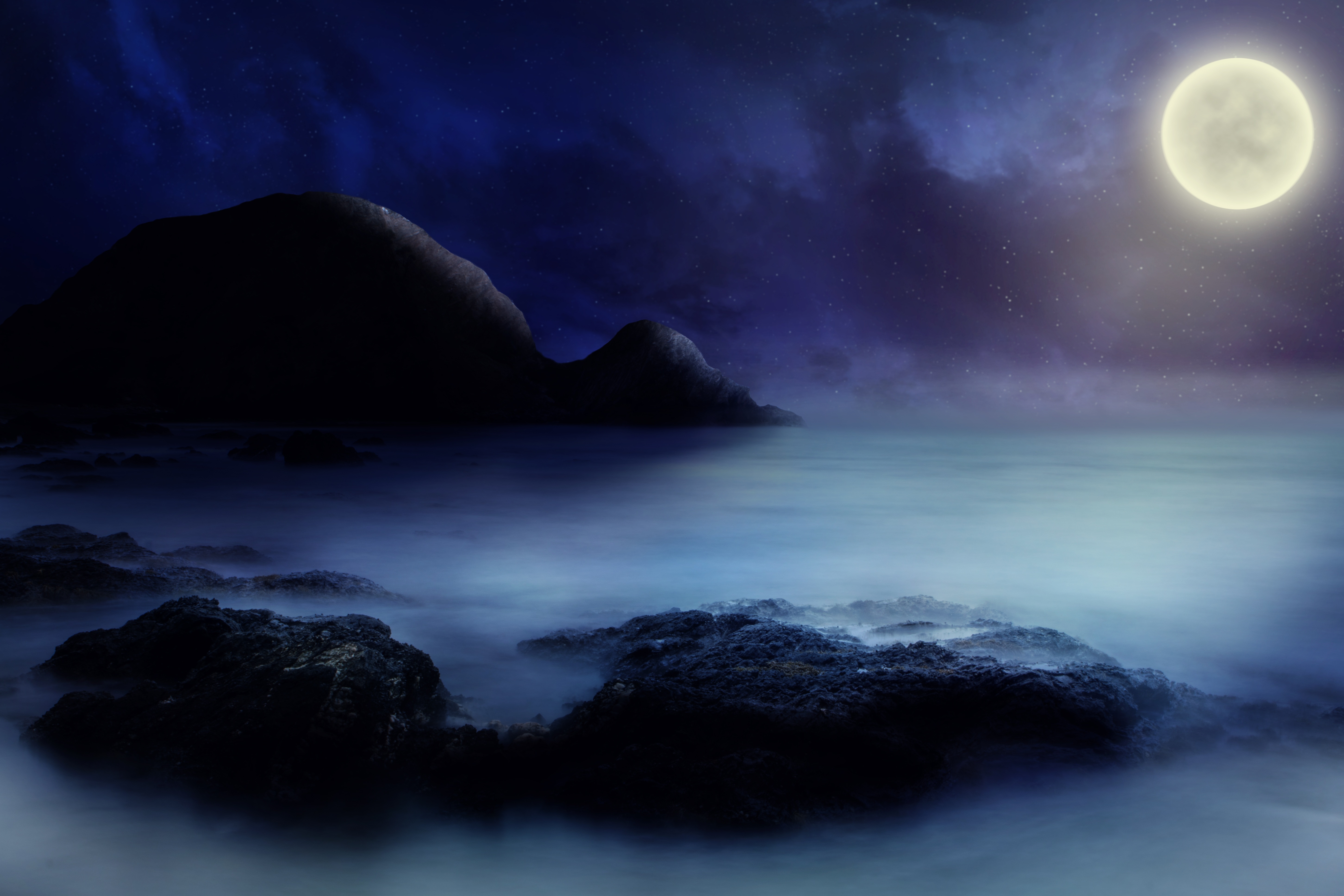 Vollmond, Sternenhimmel, Meer, Felsen, Nacht, Dunkler Hintergrund, 5K