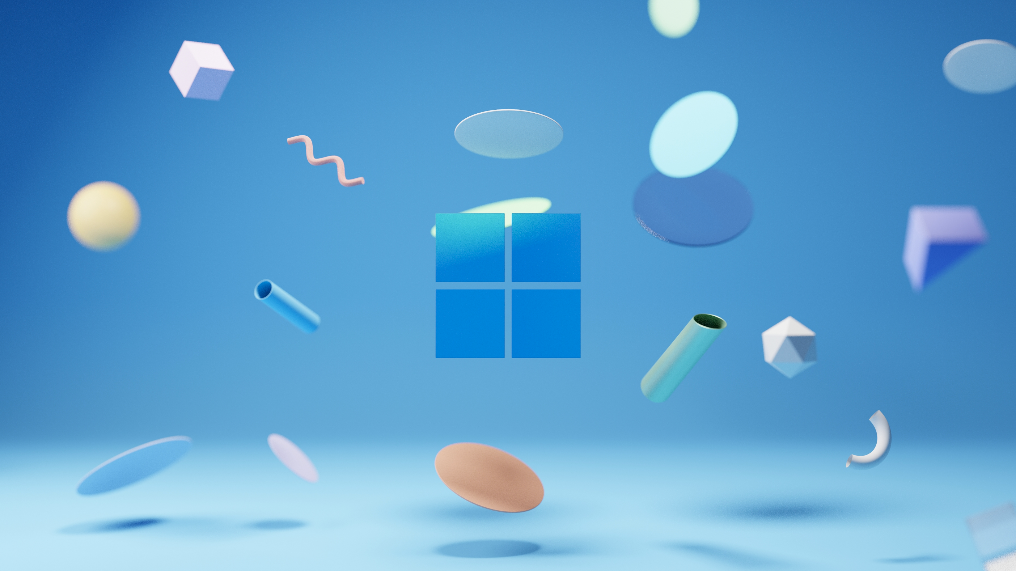Windows-Logo, Blauer Hintergrund, Windows 11, Schwebende Objekte, Formen