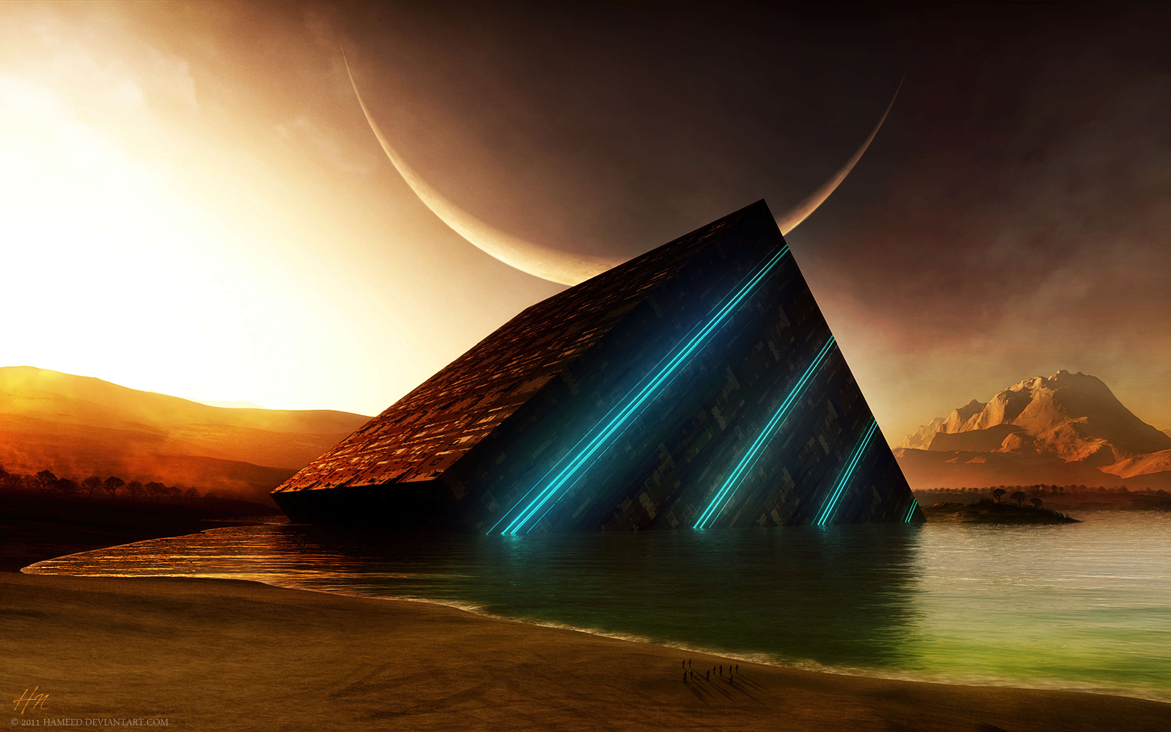 Würfel, Strand, Surreal, Sonnenuntergang, Mond, Futuristisch, Digitales Rendering, 3D
