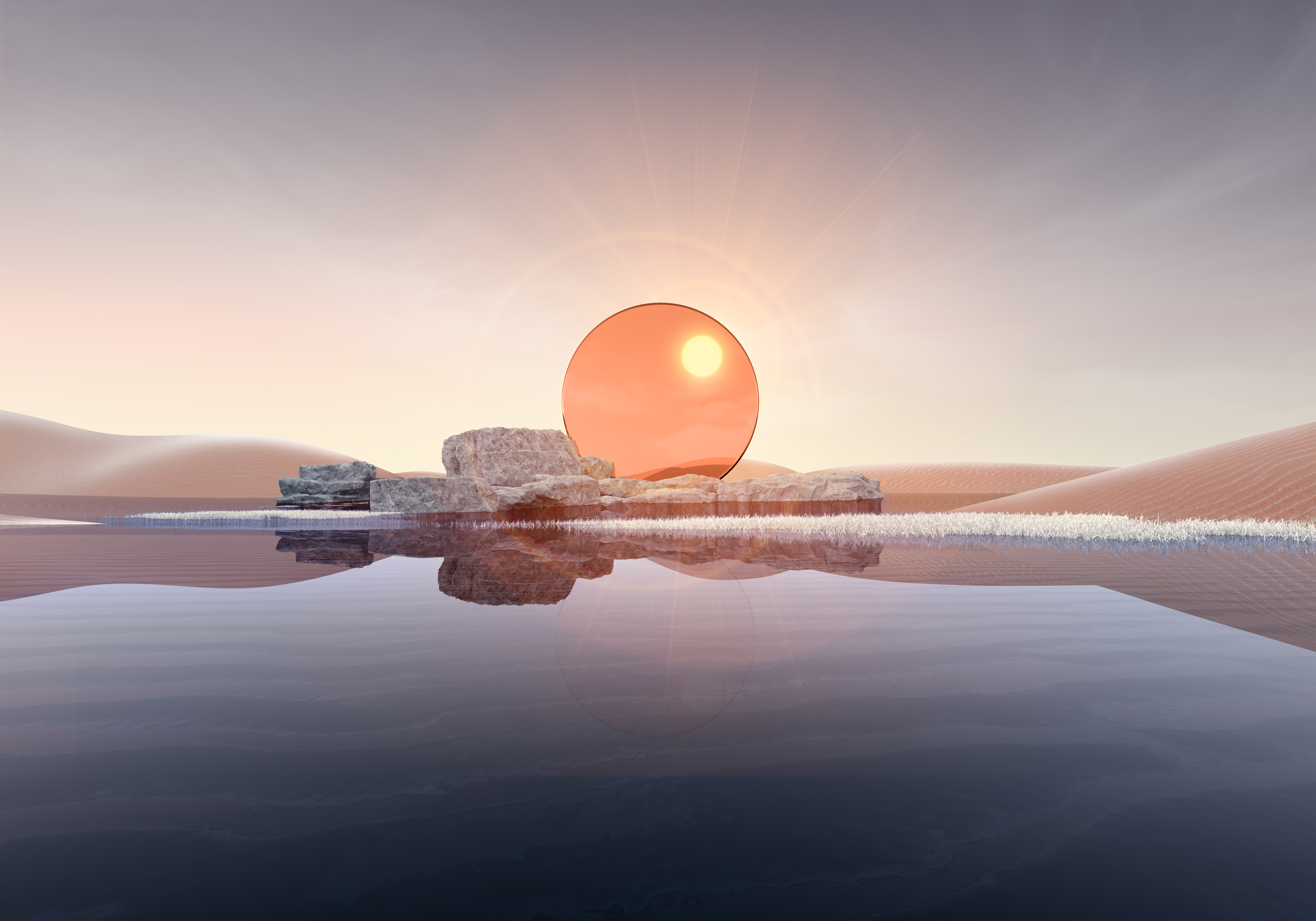 Wüste, Landschaft, Sonnenuntergang, Digitale Kunst, Gewässer, 5K, Spiegelung