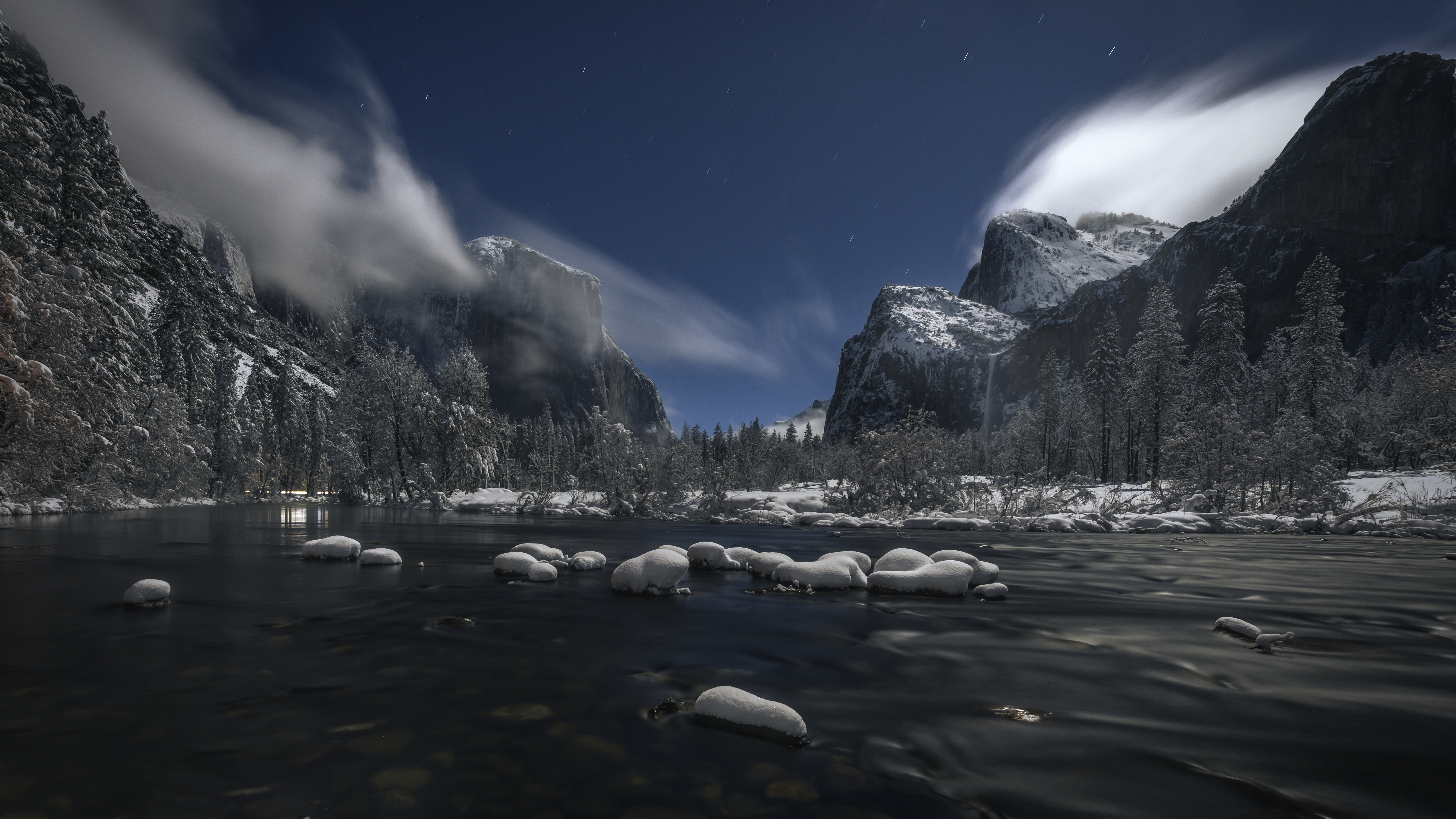 Yosemite-Nationalpark, Landschaft, Winter, Fluss, Abend, 5K, 8K